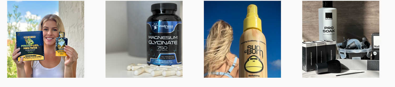 Collage of wellness product photos featuring supplements, skincare, and health items with lifestyle shots.