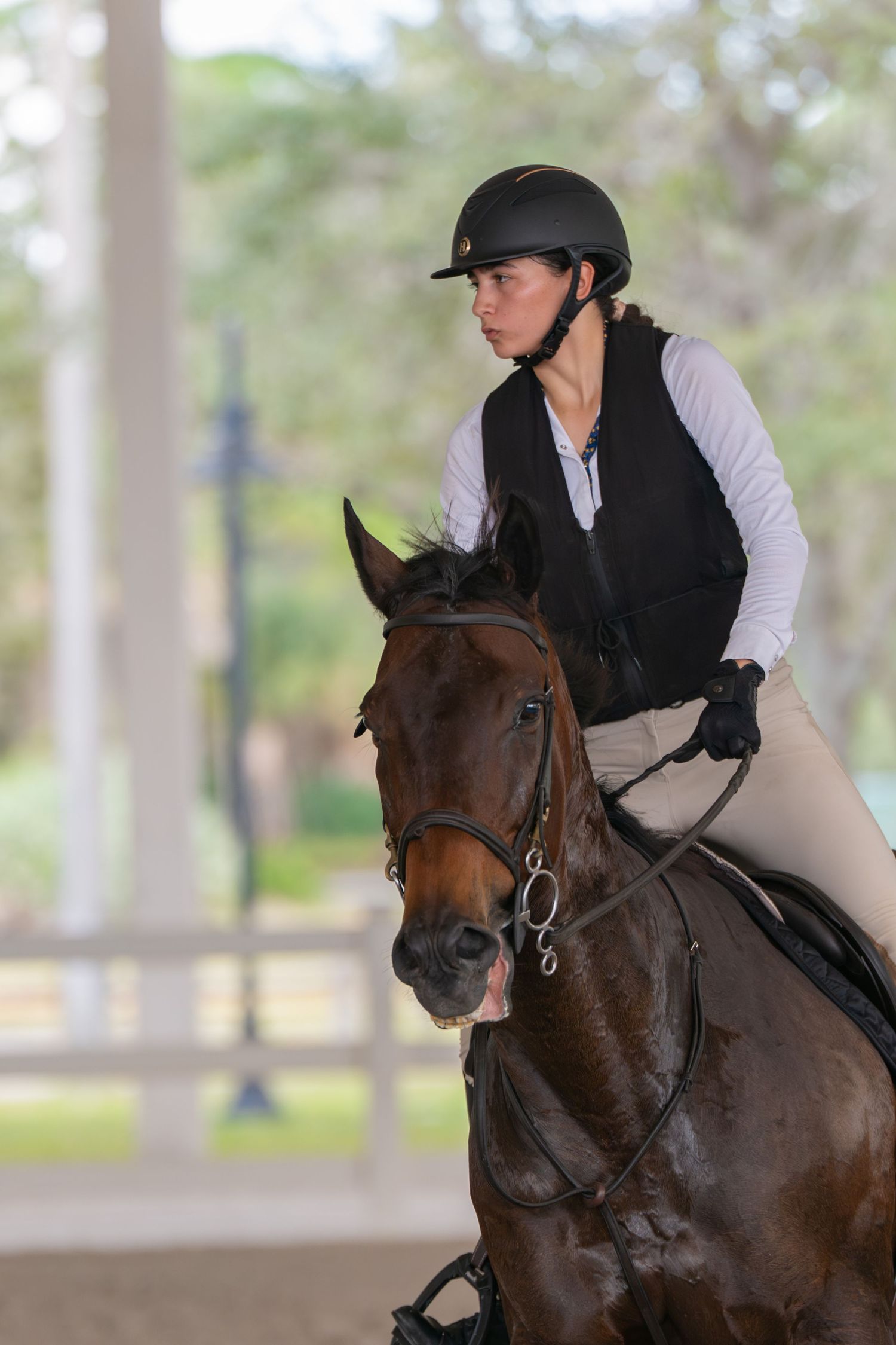 Female equestrian rider in black helmet and vest riding a bay horse in an outdoor arena.