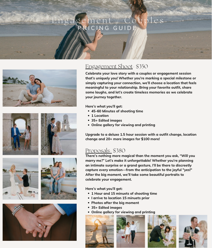 Engagement and couples photography pricing guide featuring beach and outdoor session packages starting at $350.