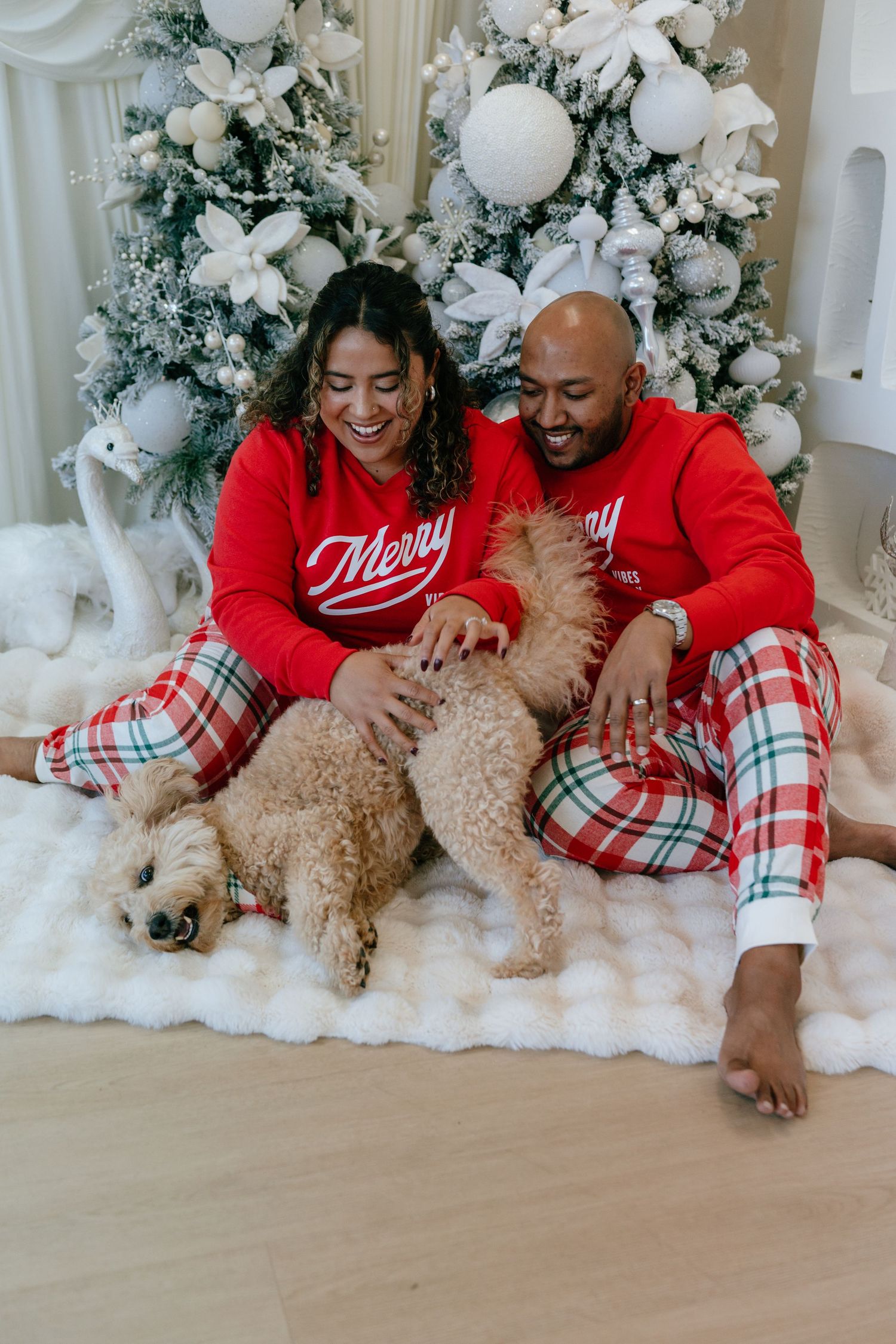 Couple in matching red Merry Christmas plaid pajamas sitting with two goldendoodles by holiday tree.