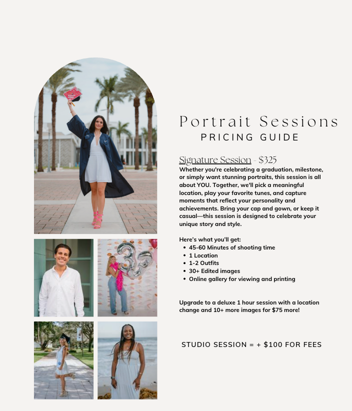 Portrait sessions pricing guide featuring graduation and milestone photography starting at $325.