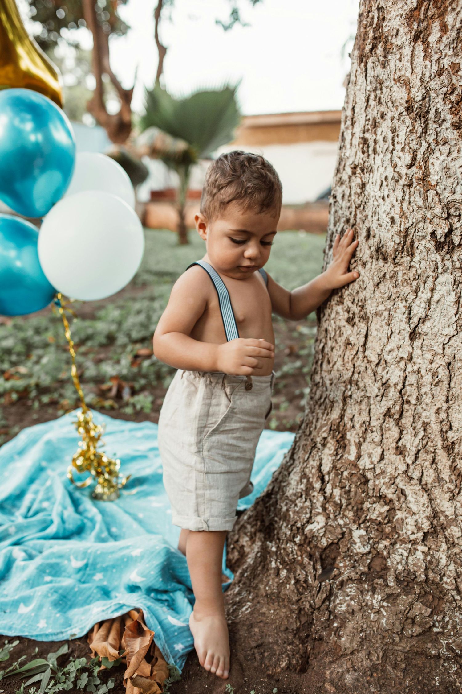 A small child in overalls explores near a tree trunk with blue and white balloons in an outdoor setting. Anthem Arizona.