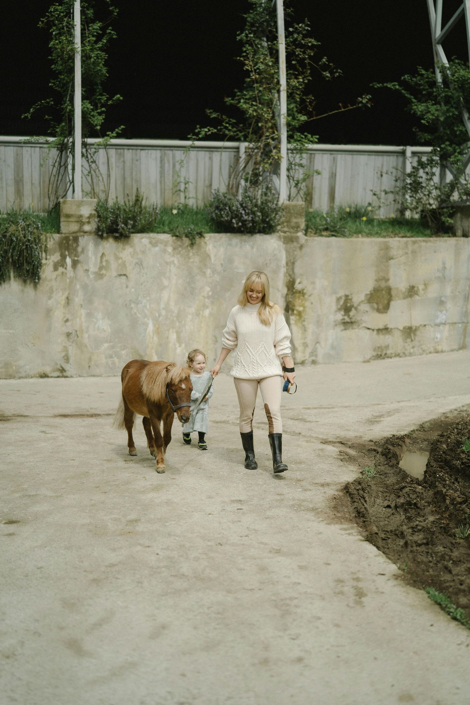 Jerome Arizona Family Photography A miniature pony being led along a concrete path near a white wall.