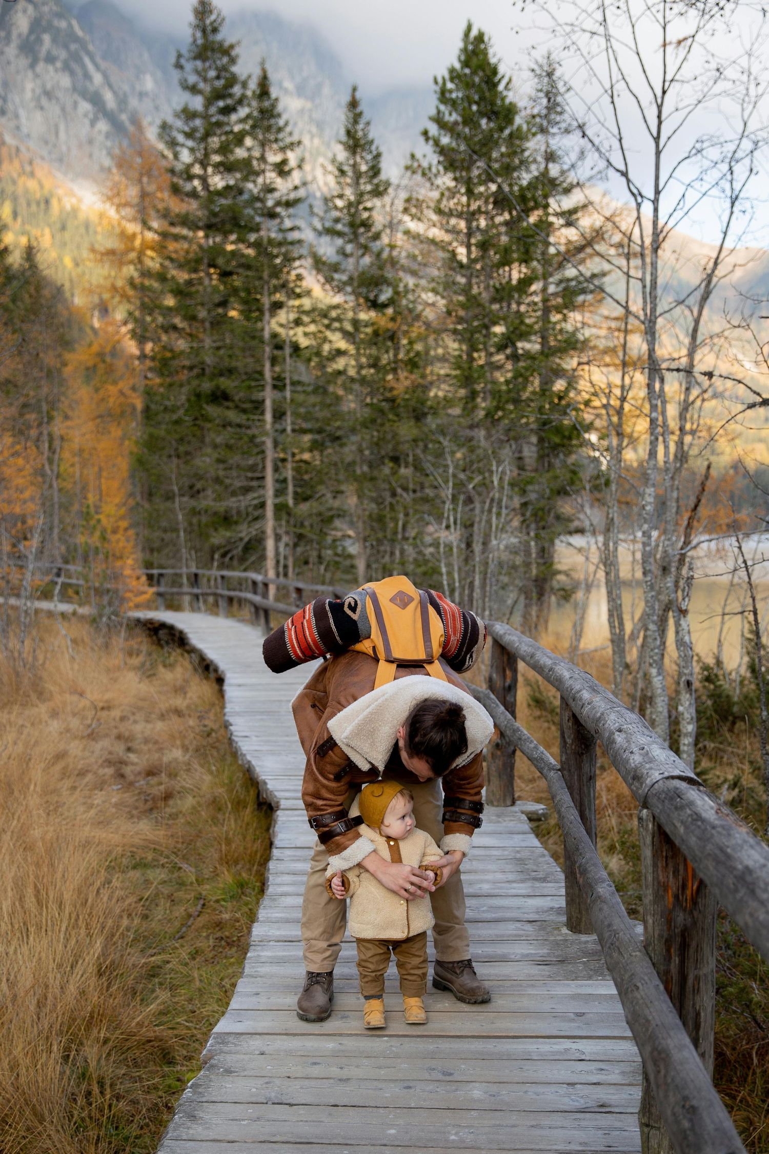 Sedona Arizona Portraits Wooden boardwalk through mountain wilderness with autumn foliage and evergreen trees.