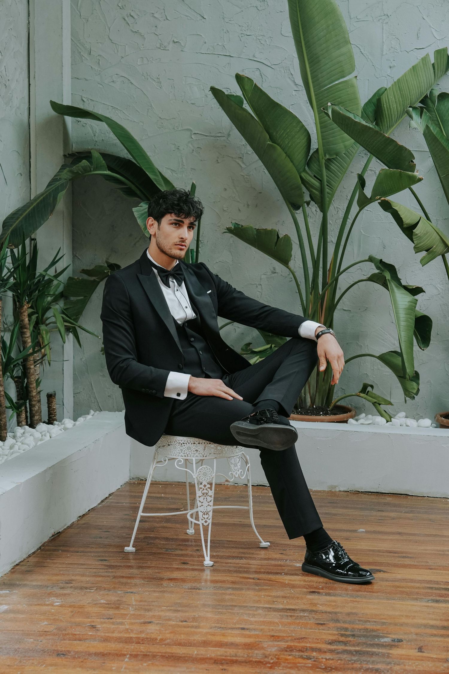 A groom in black tuxedo poses on vintage furniture against a minimalist backdrop with tropical plants.  Award Winning Photographer Phoenix.