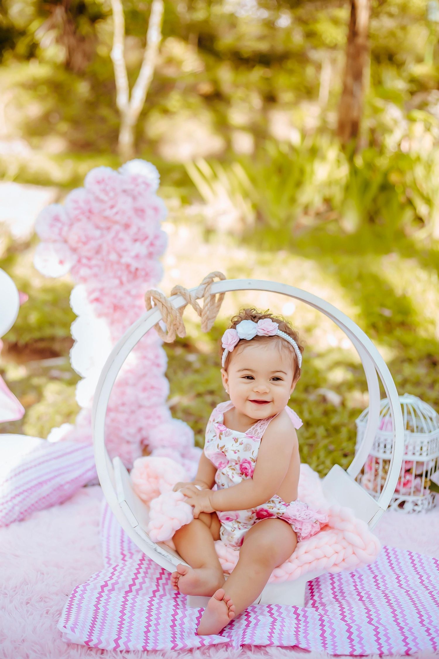 Baby photoshoot with vintage birdcage and pink floral decorations on blanket Gilbert Arizona outdoors. Anthem Arizona.