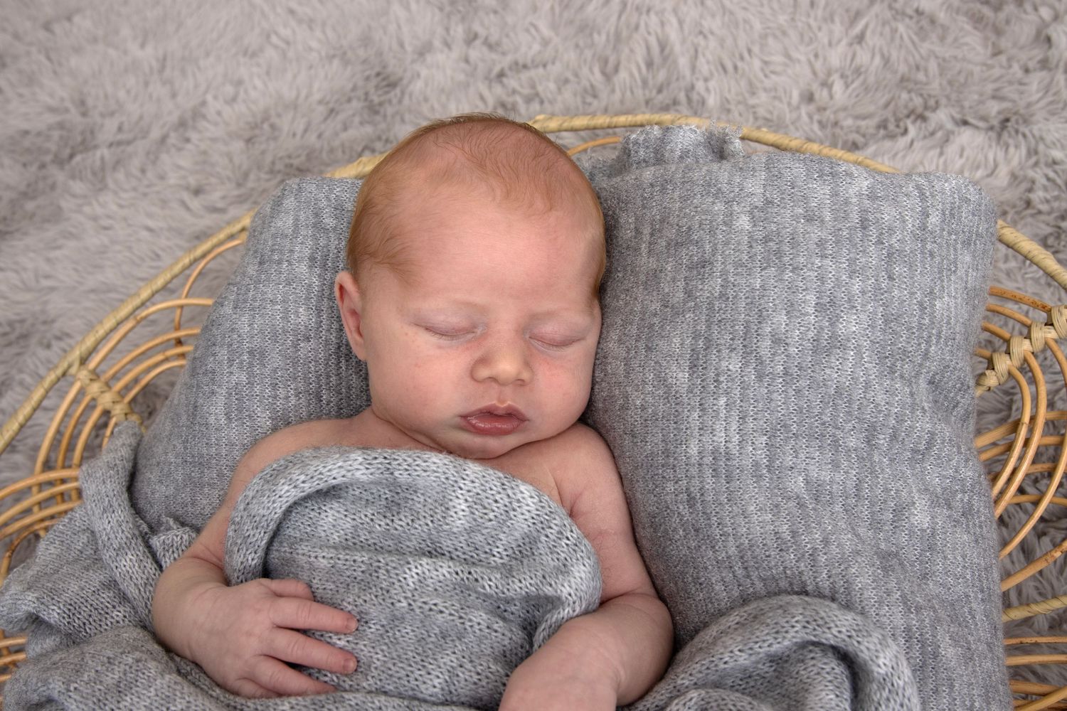 Gently posed newborn in wrapped in a grey blanket during a photo session