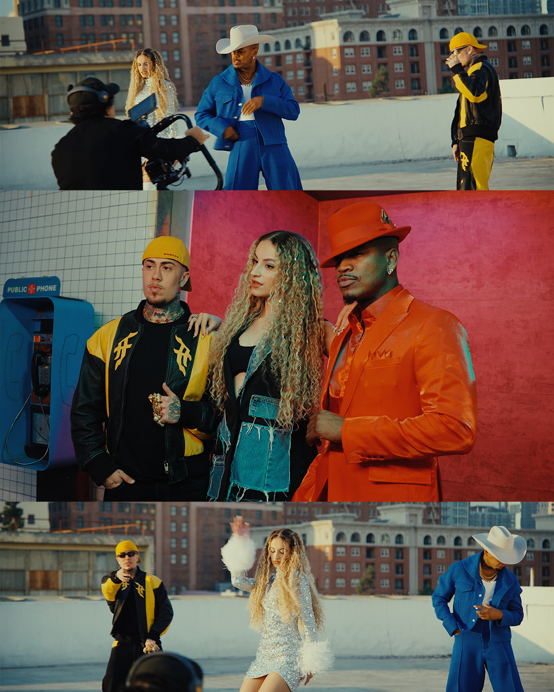 Multi-panel photo collage showing performers in colorful outfits during rooftop video production.