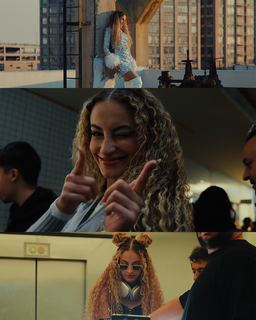 Three panel collage showing behind the scenes moments from stylish music video production.