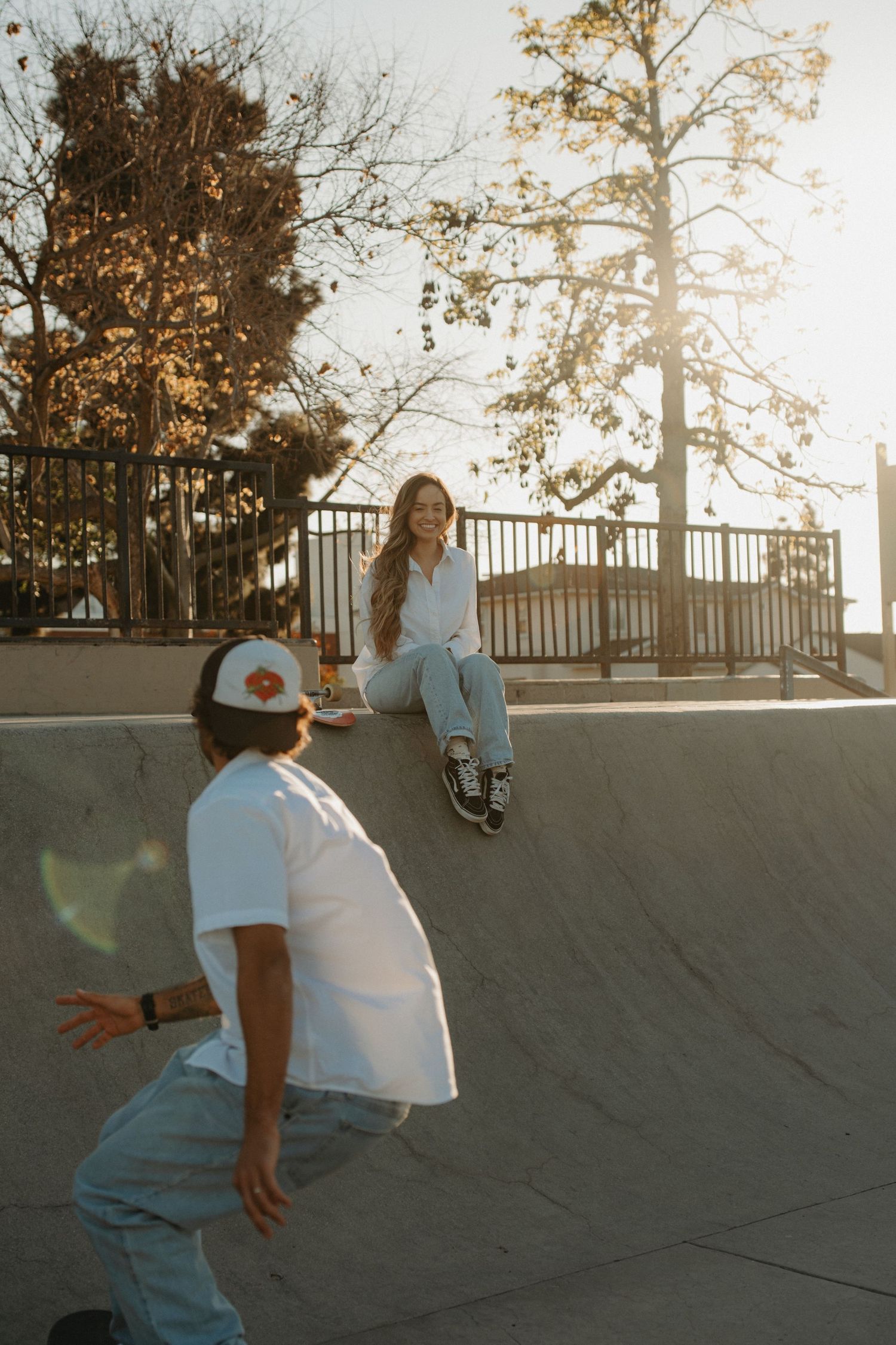 A series of skateboarding action shots showing a skater performing tricks on a concrete ramp at sunset.