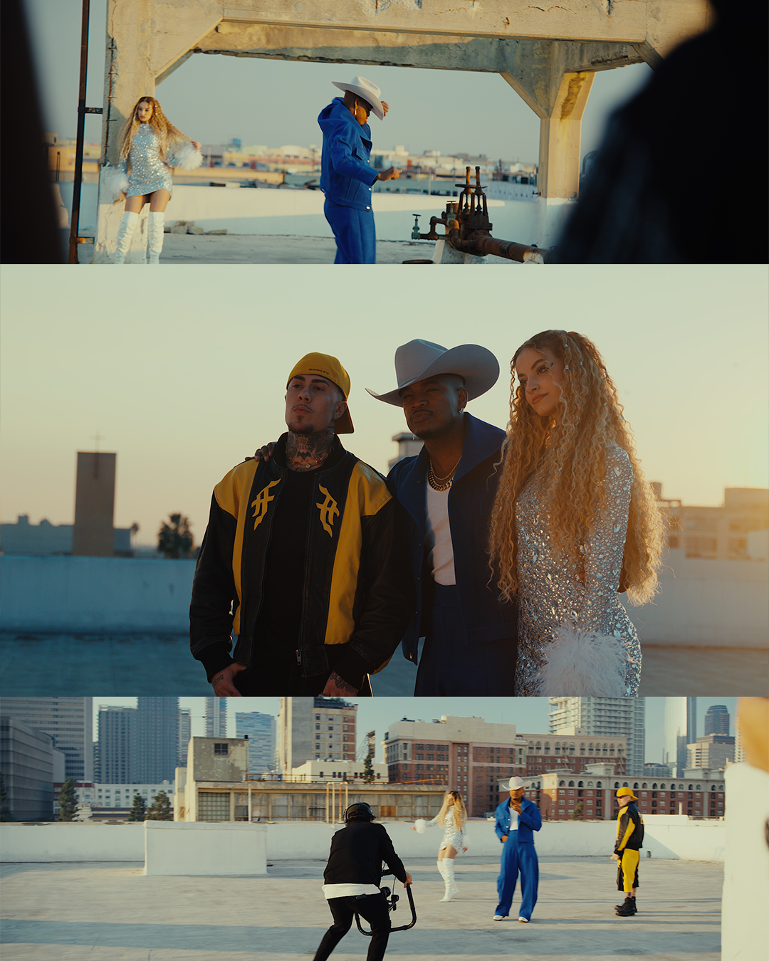 Behind the scenes collage of music video shoot on urban rooftop with performers in stylish outfits.