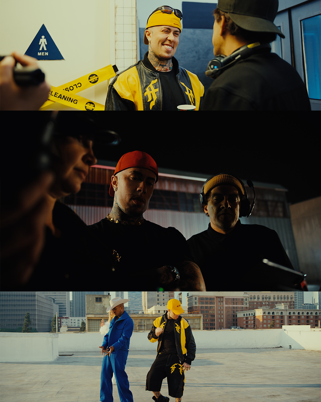 Collection of candid and posed shots from urban music video production featuring performers in vibrant clothing.