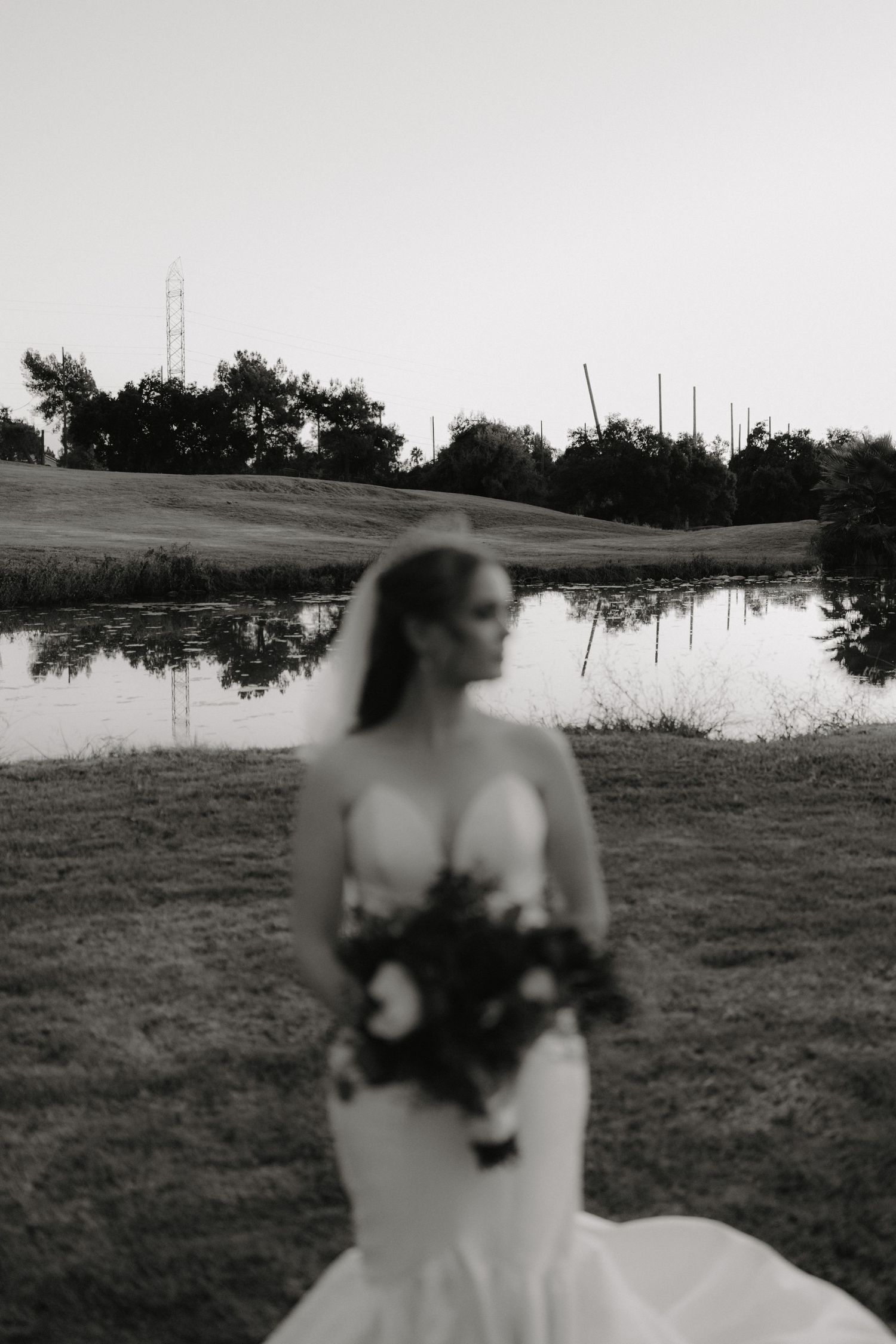 A black and white panoramic sequence showing a figure moving across a grassy field with trees in the background.