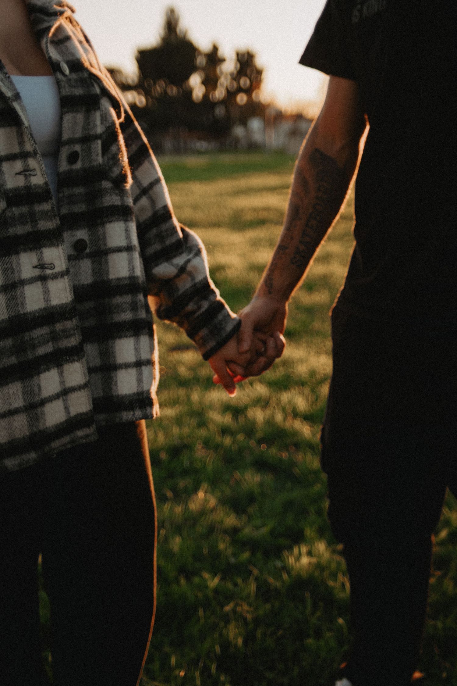 Close-up shot of two hands reaching towards each other in warm sunset lighting against a grassy background.