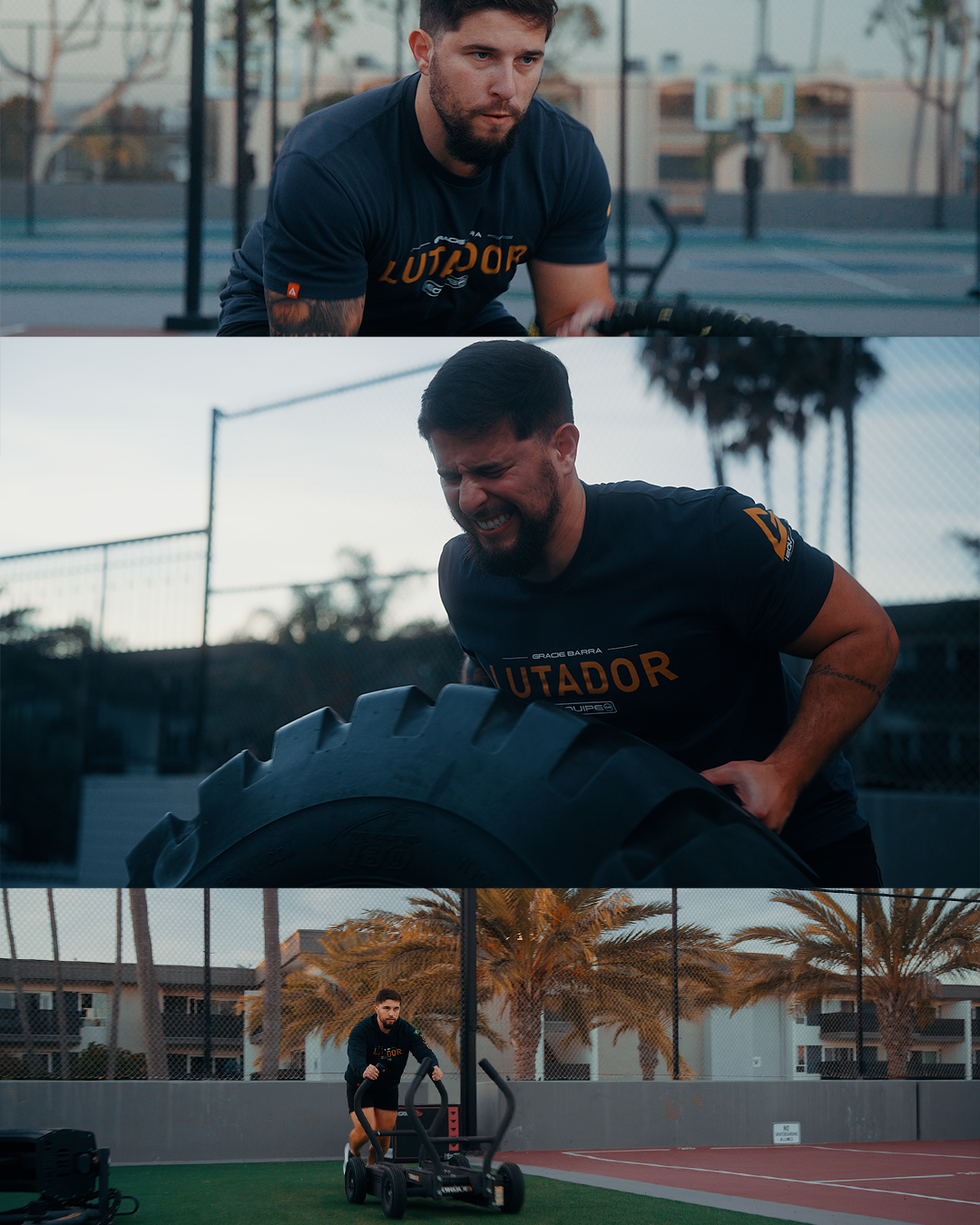 Three panel sequence of athlete flipping large tire during outdoor strength training session.