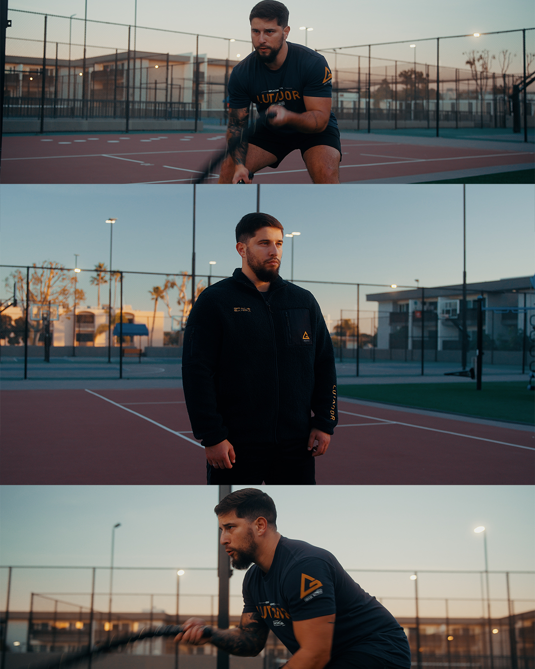 Athletic photoshoot on tennis court at sunset showing different poses and stances.