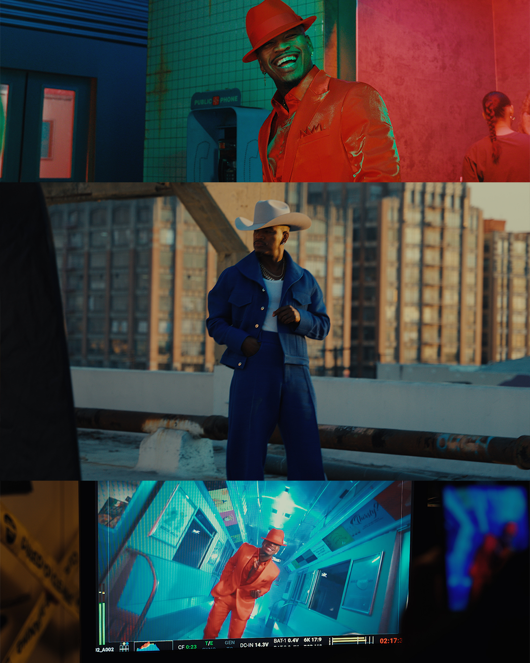 Collage of urban photoshoot scenes with colorful lighting and city backdrop.