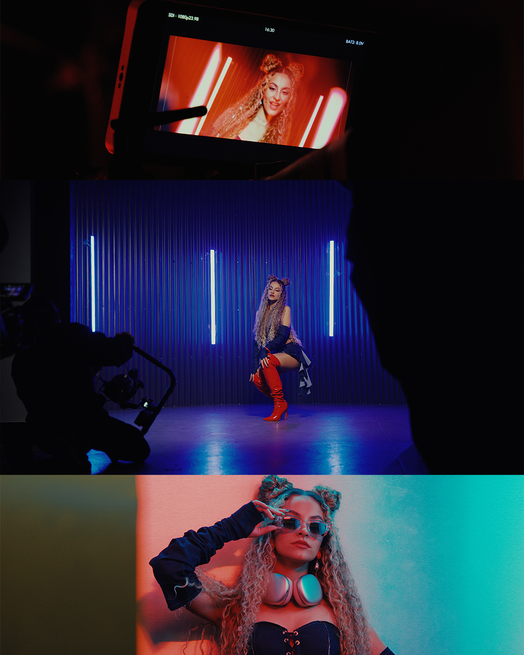 Multi-image layout showing performer in blue outfit against neon-lit urban backgrounds.