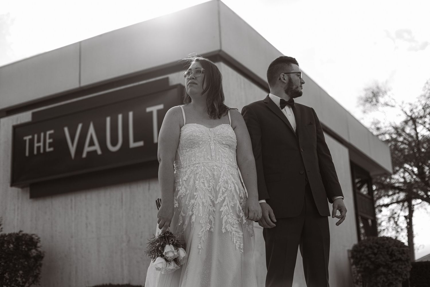 Wedding photography outside The Vault venue.