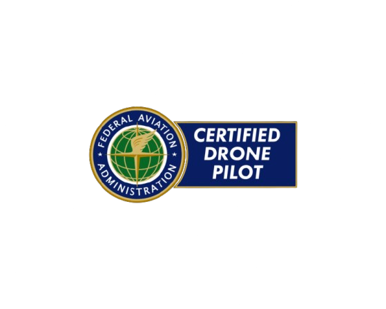 Professional certification badges including FAA Drone Pilot and other aviation credentials on black background.