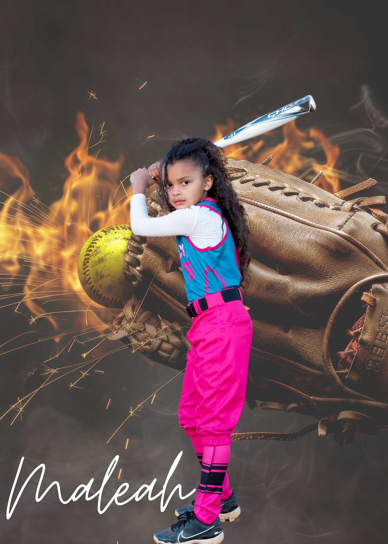 Dynamic sports photo sequence showing softball player in neon pink against flames.