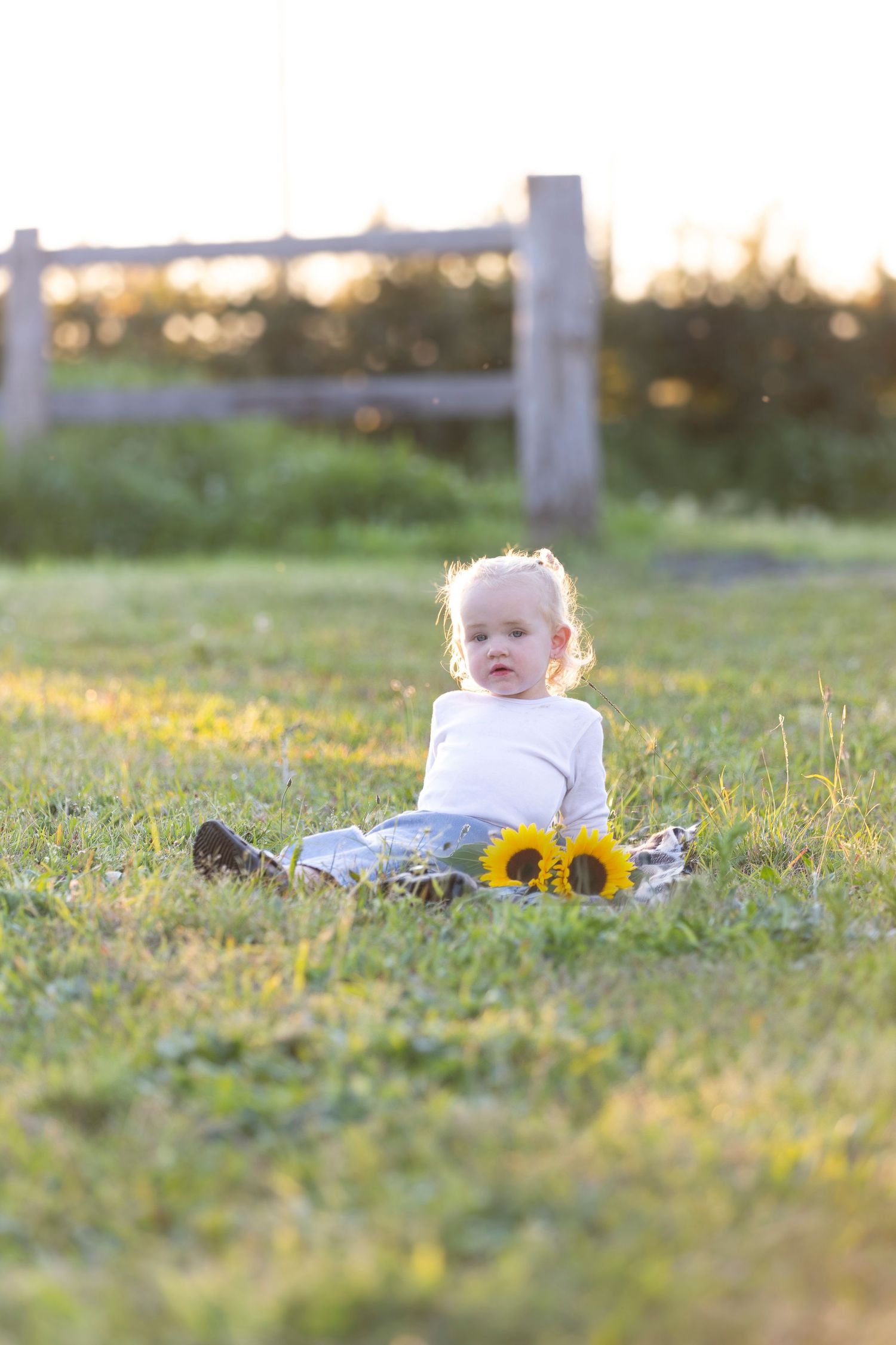 A baby sits in a grassy field at sunset with bright sunflowers nearby during golden hour.