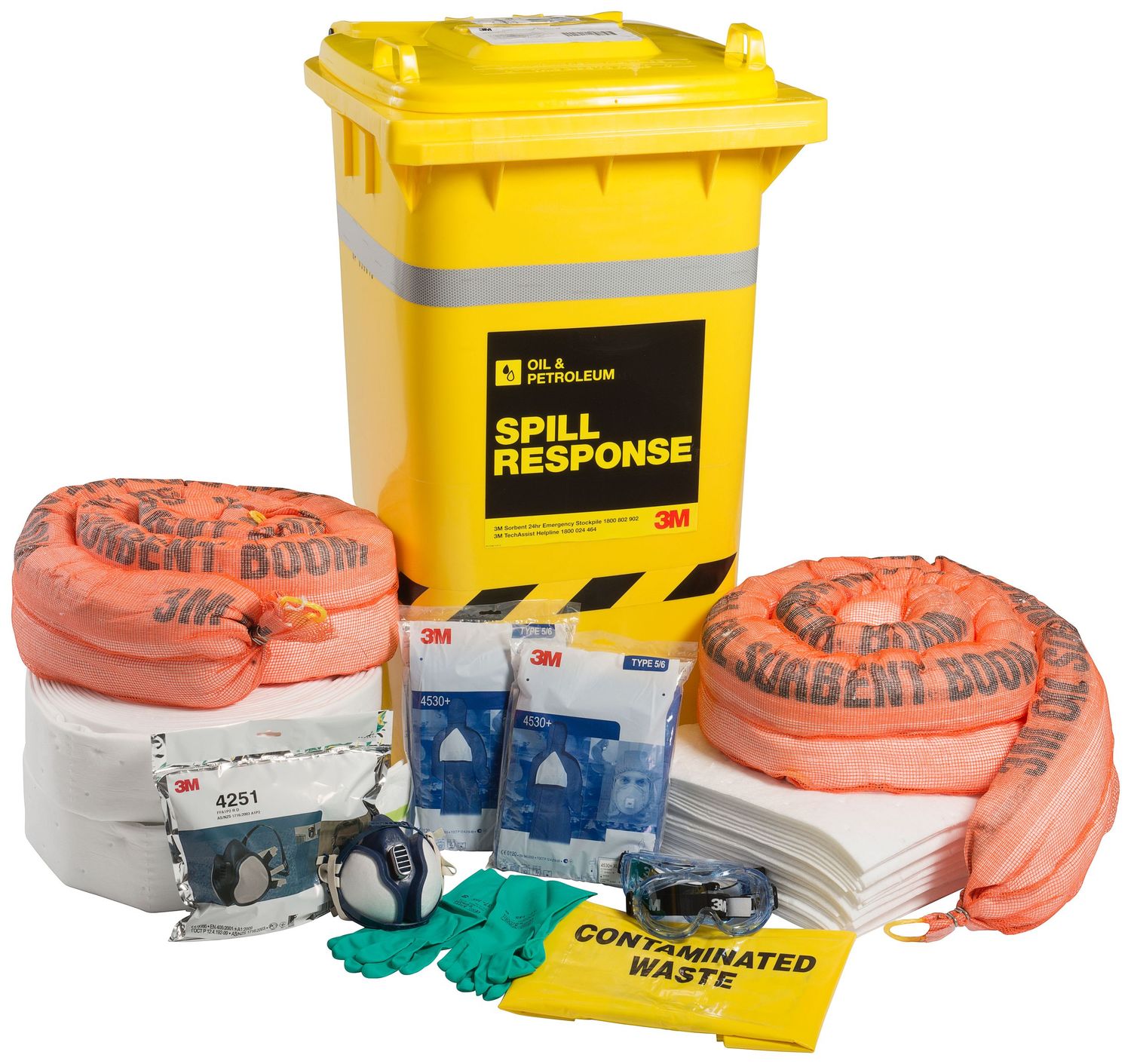 Yellow spill response kits with absorbent socks and containment supplies arranged in a row.
