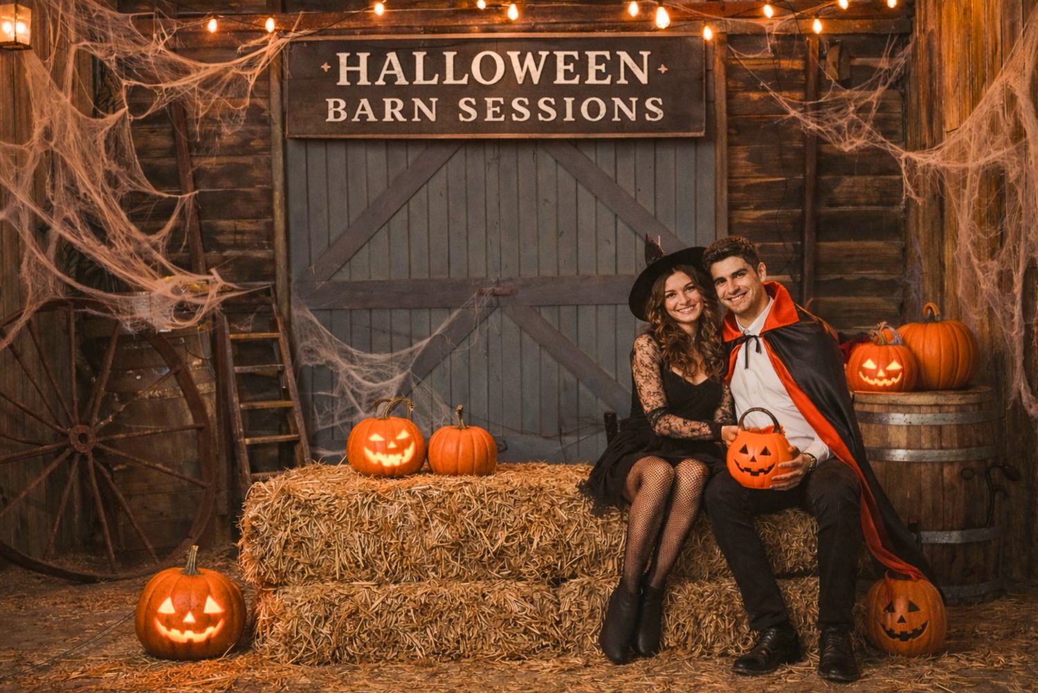 A rustic barn decorated with hay bales, pumpkins, cobwebs and Halloween decor creates a festive autumn setting.