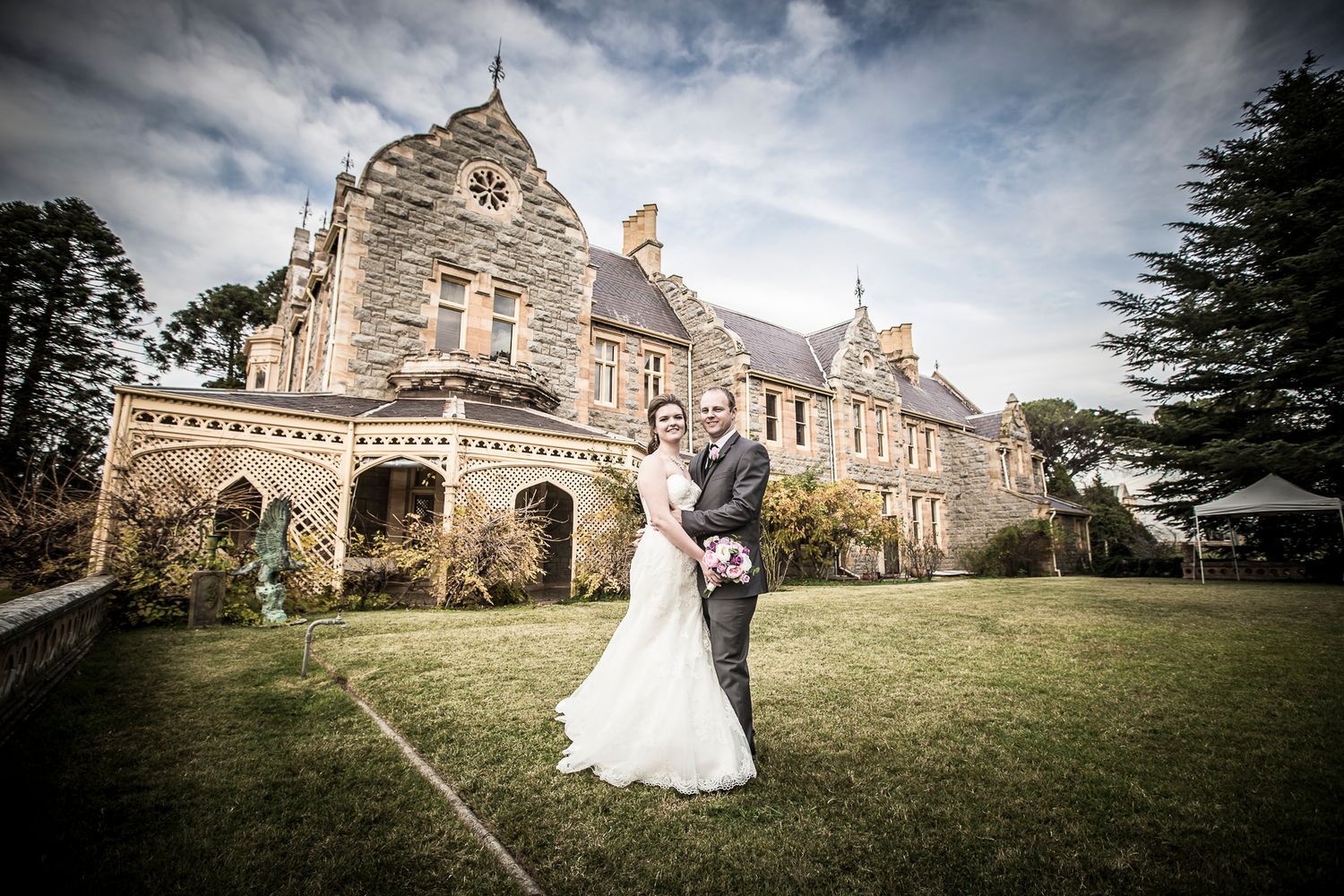 A scenic church wedding venue shown from multiple angles with dramatic cloudy skies and lush green grounds surrounding it.