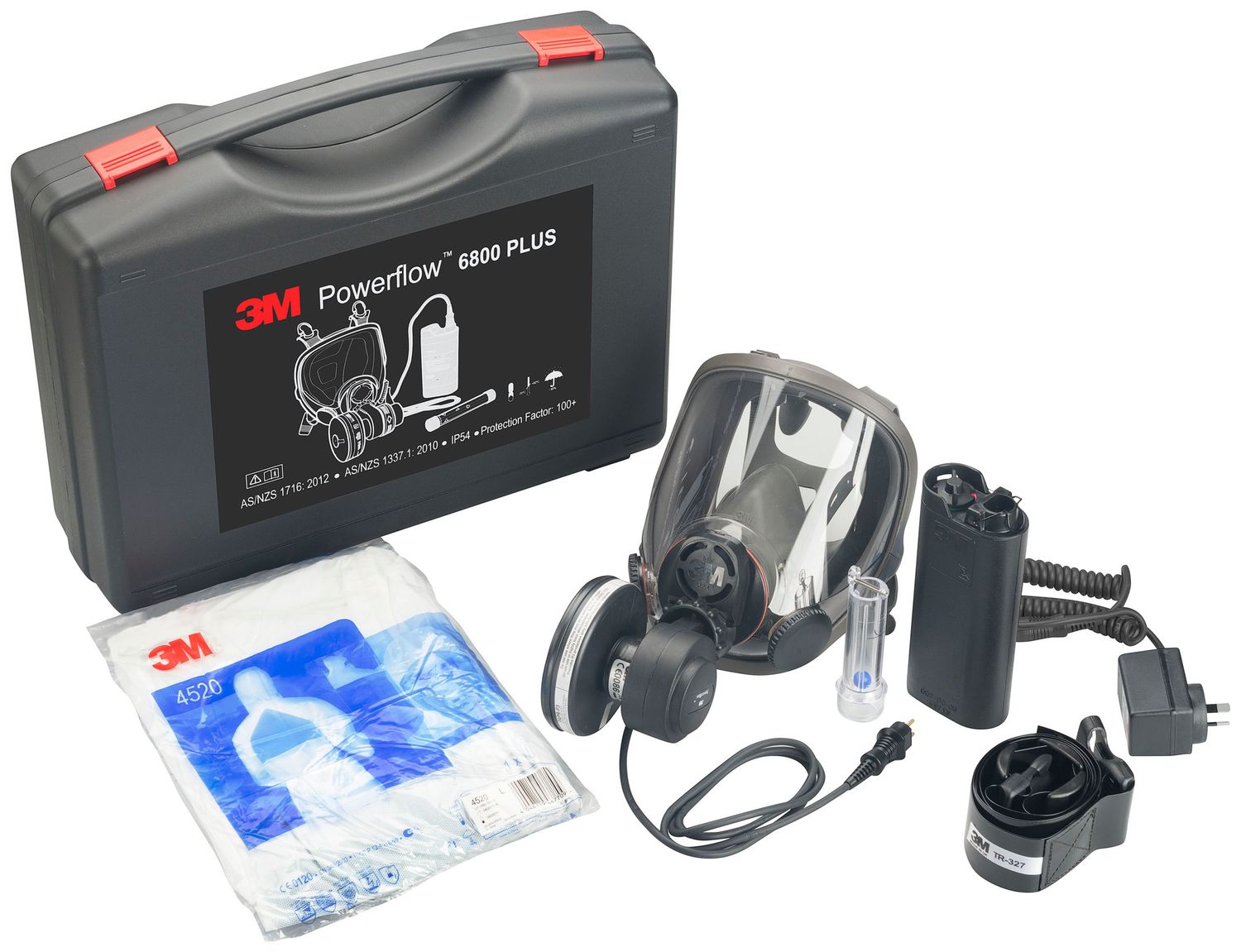 A row of 3M Powerflow face-mounted powered air purifying respirator systems with filters and accessories displayed.