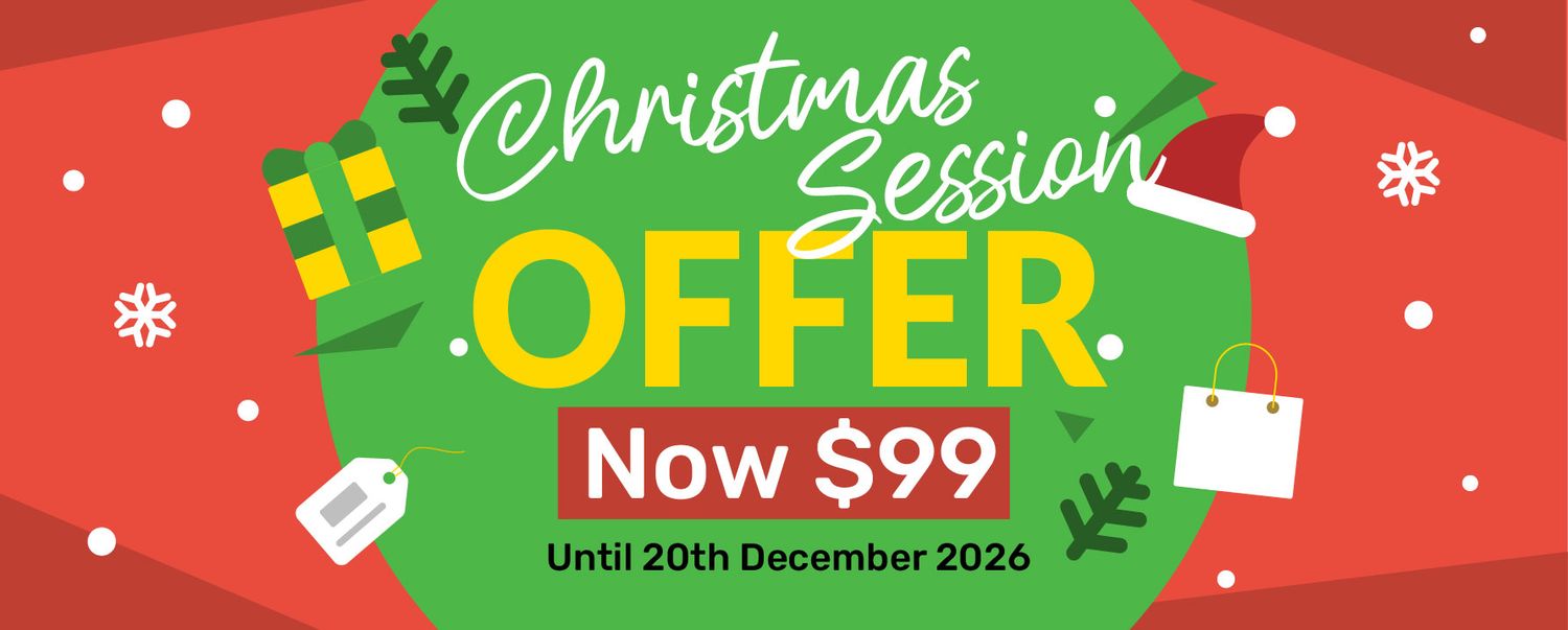 Christmas sale promotional banner with red and green design elements showing discount offers and price details.