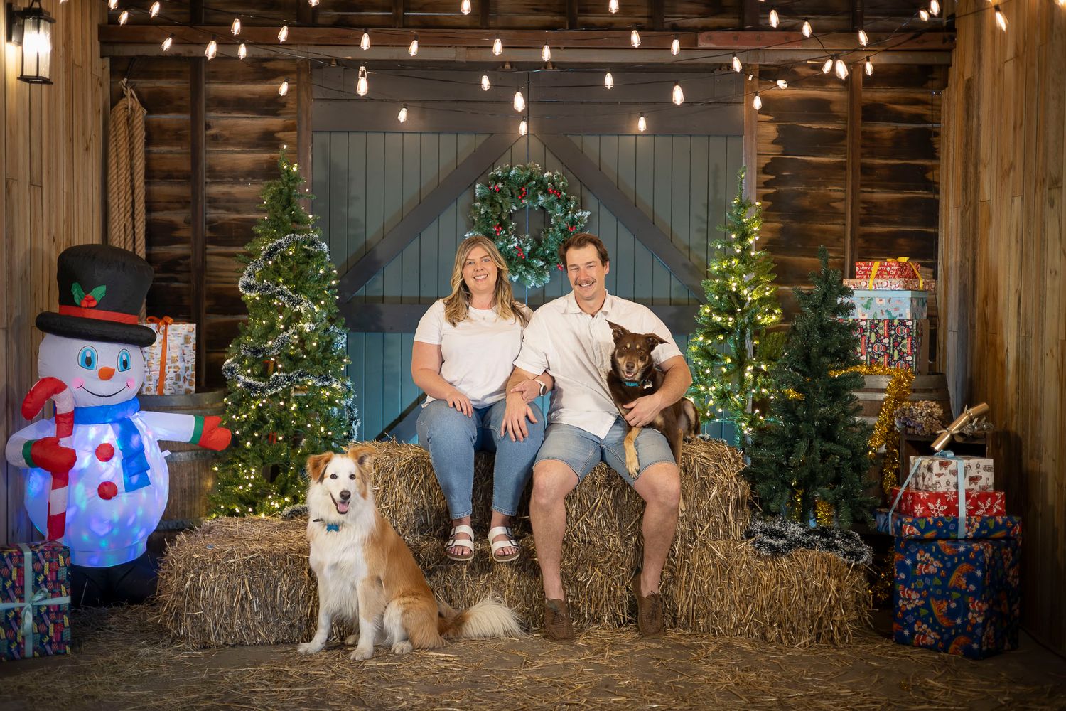 A rustic barn decorated for Christmas with string lights, hay bales, and evergreen trees creates a cozy holiday atmosphere.
