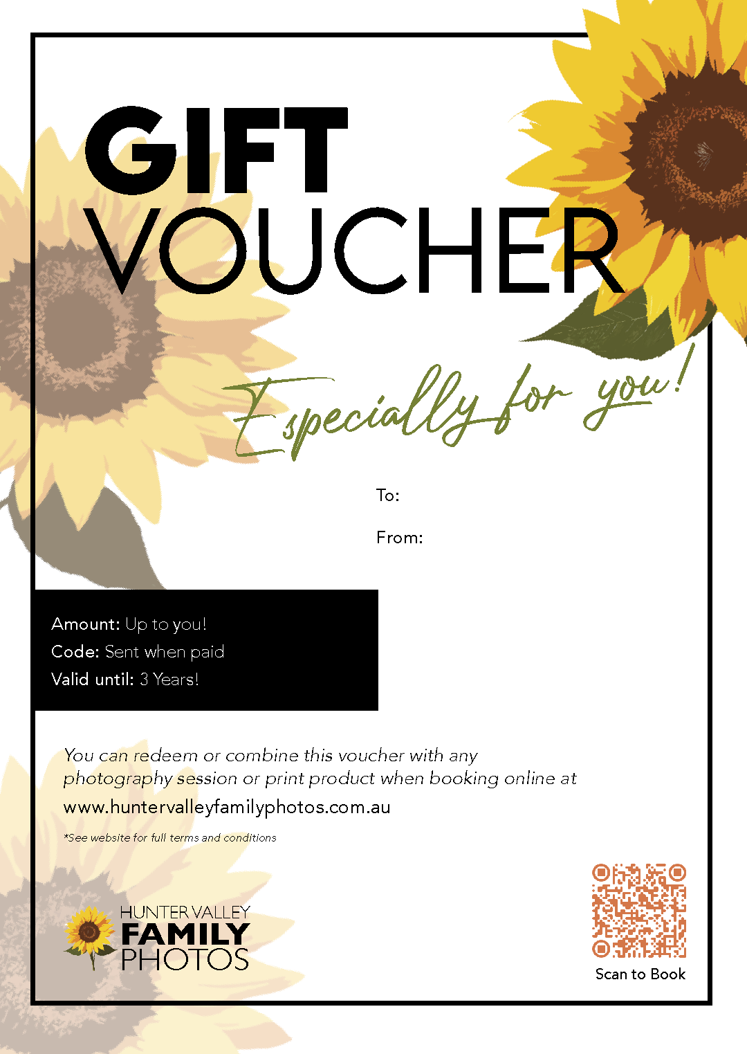 Gift voucher template with yellow sunflower design featuring black text and QR code for Family Photos photography service.