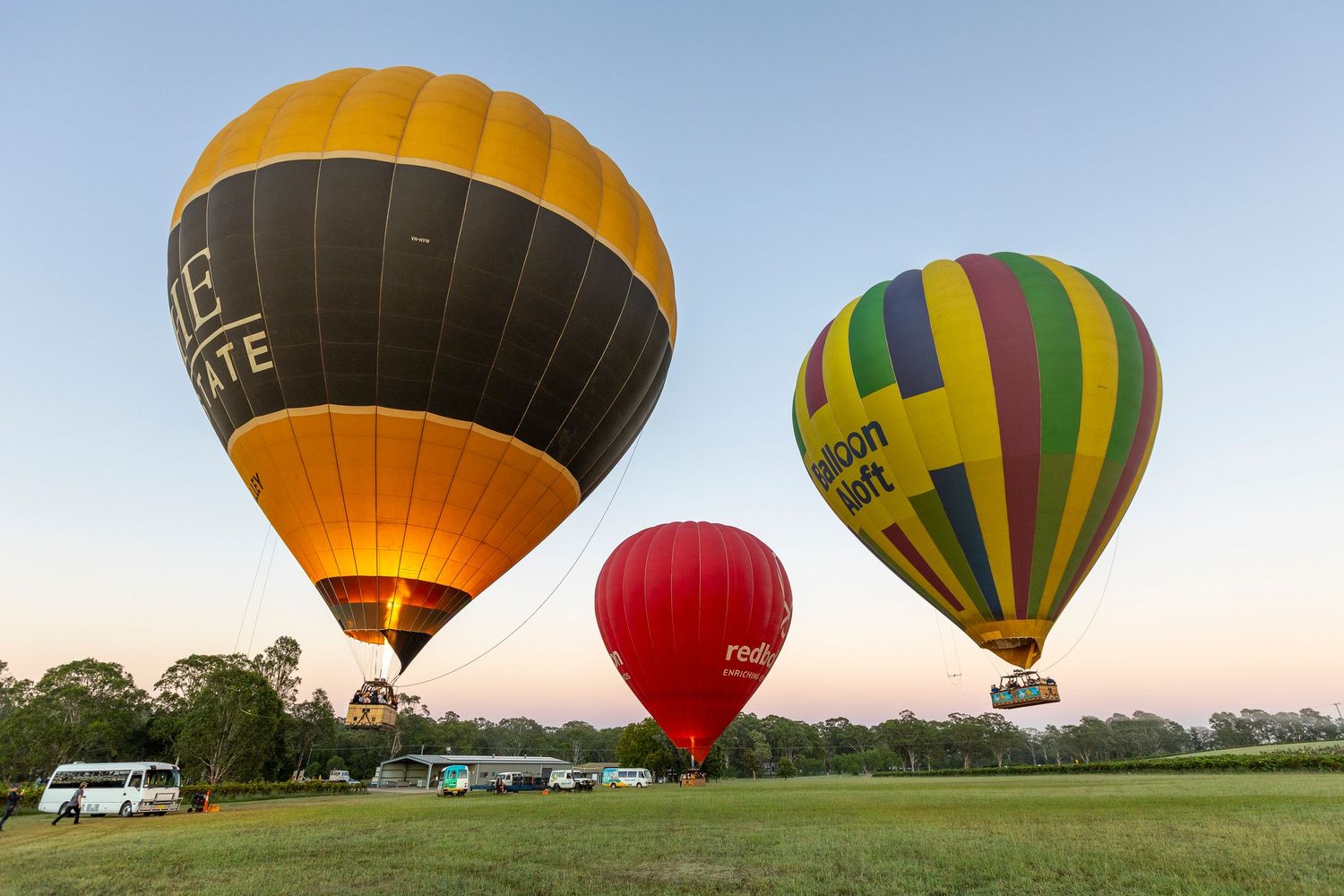 Three colorful hot air balloons taking off from a grassy field at sunrise with parked vehicles in the background.