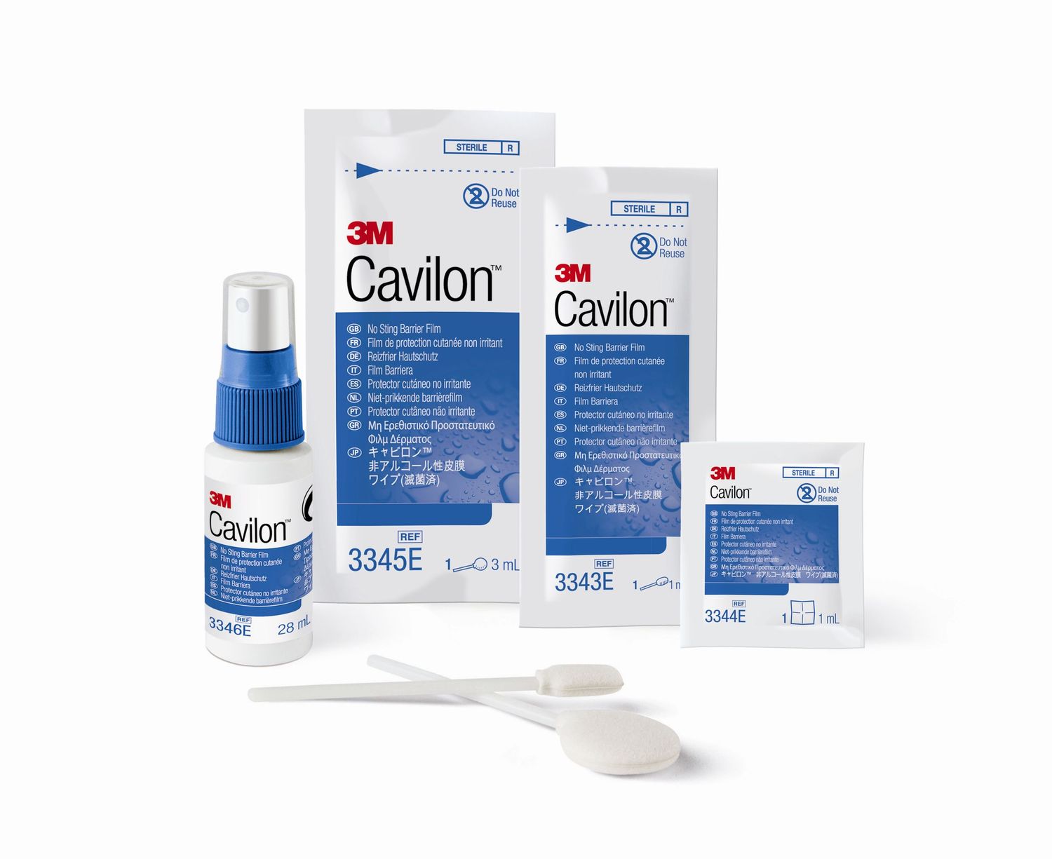 A collection of 3M Cavilon medical skincare products including creams, barriers, and applicators arranged in a row.