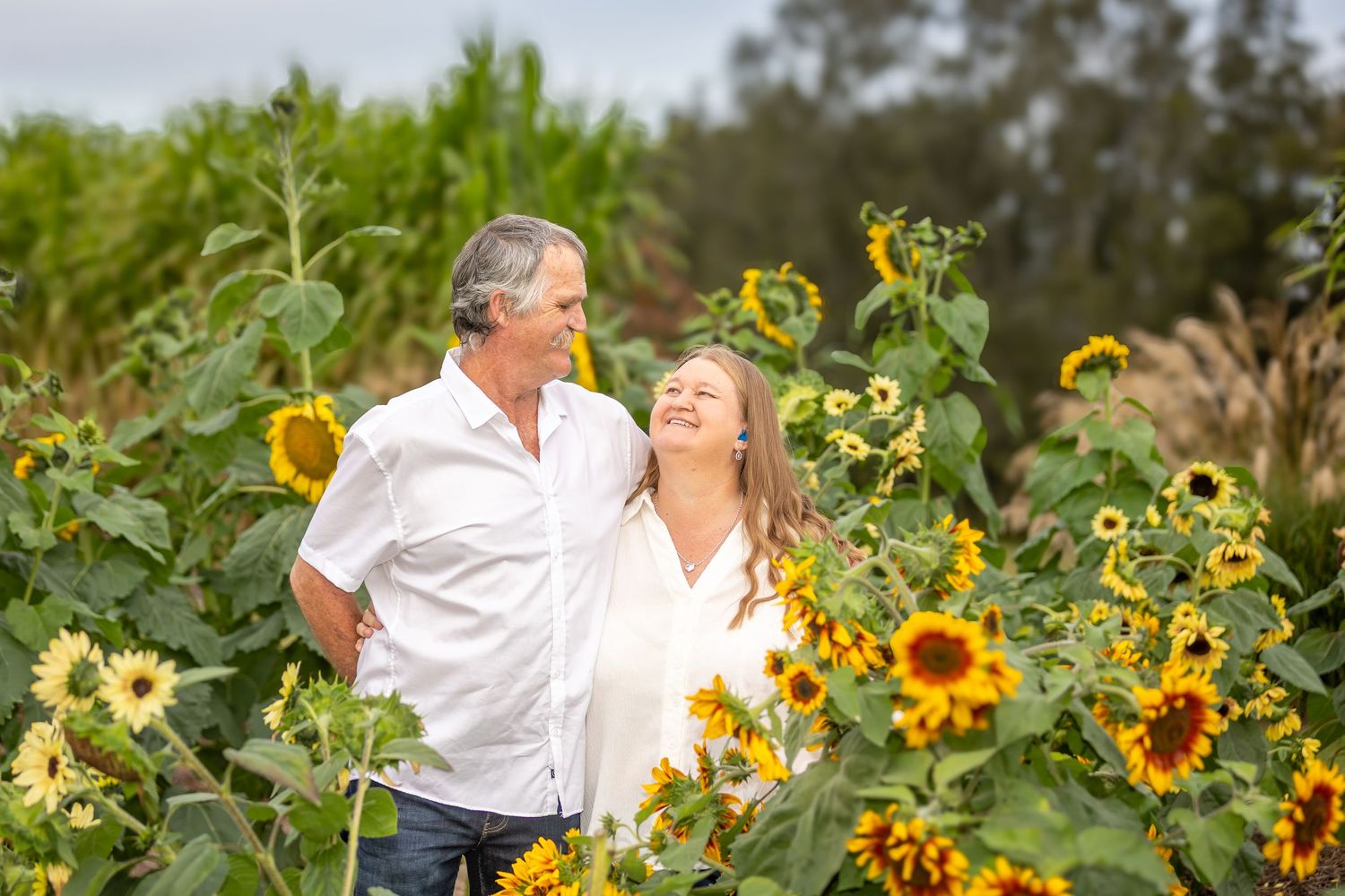 Couple smiling at each other surrounded by vibrant sunflowers in a lush garden field.