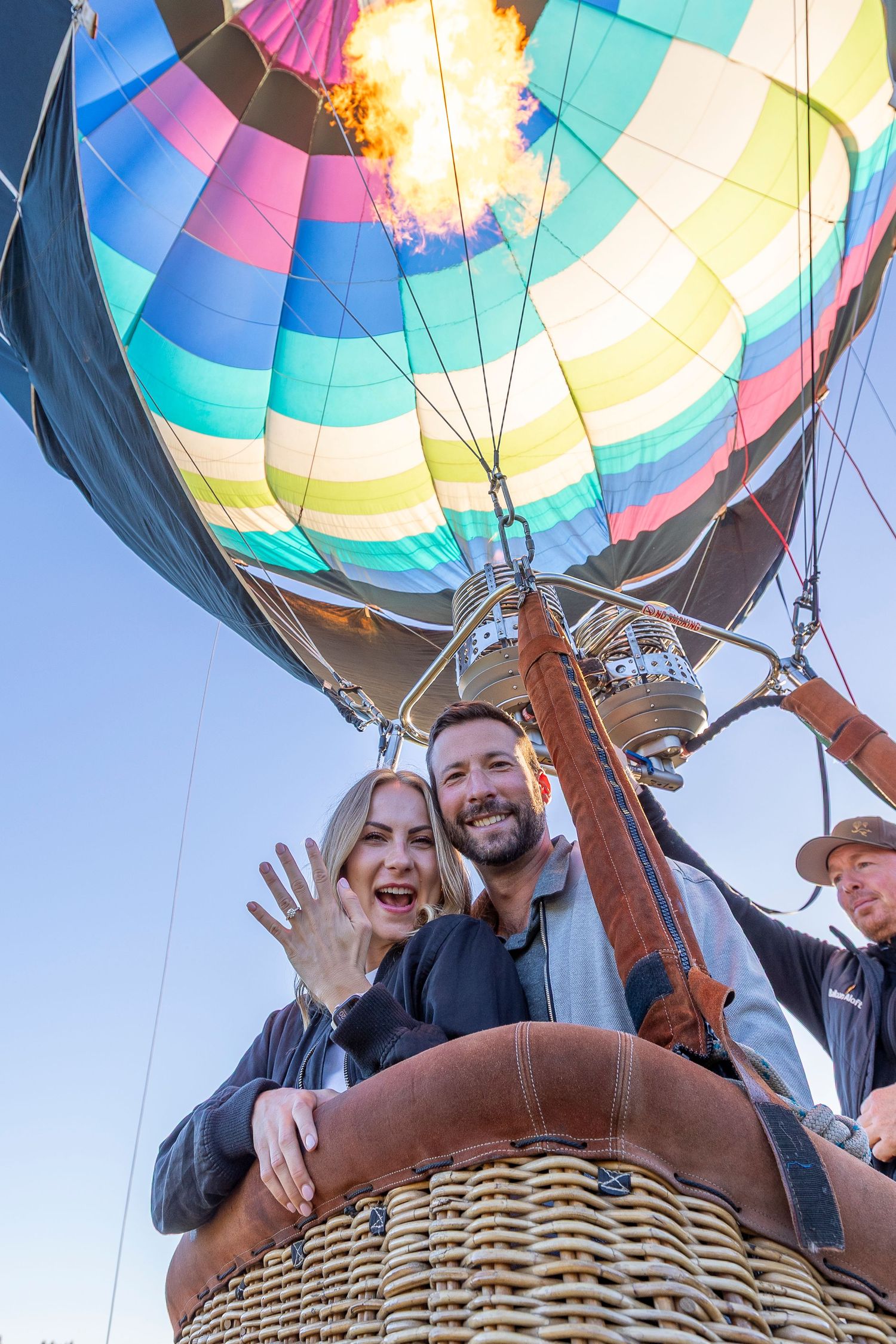 Sequence of photos showing passengers in a hot air balloon basket with colorful balloon envelope visible above.