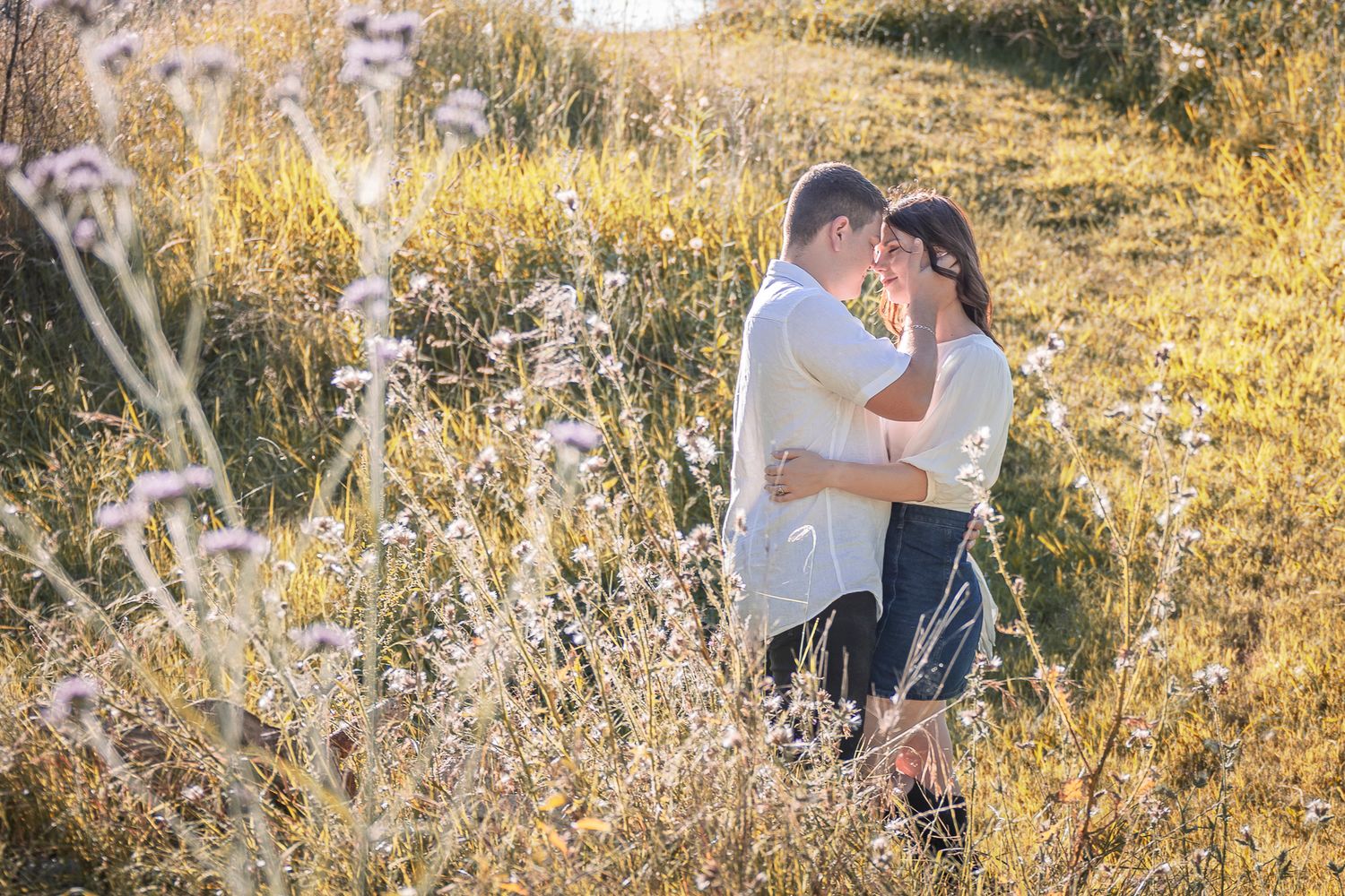A couple shares a romantic moment in a golden field of tall grass and wildflowers on a sunny afternoon.