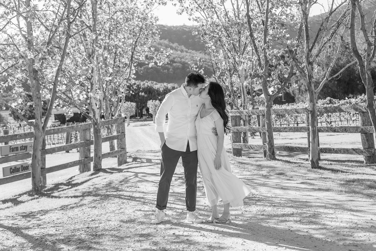 Black and white photo of a couple sharing a romantic moment on a tree-lined path with a wooden fence.