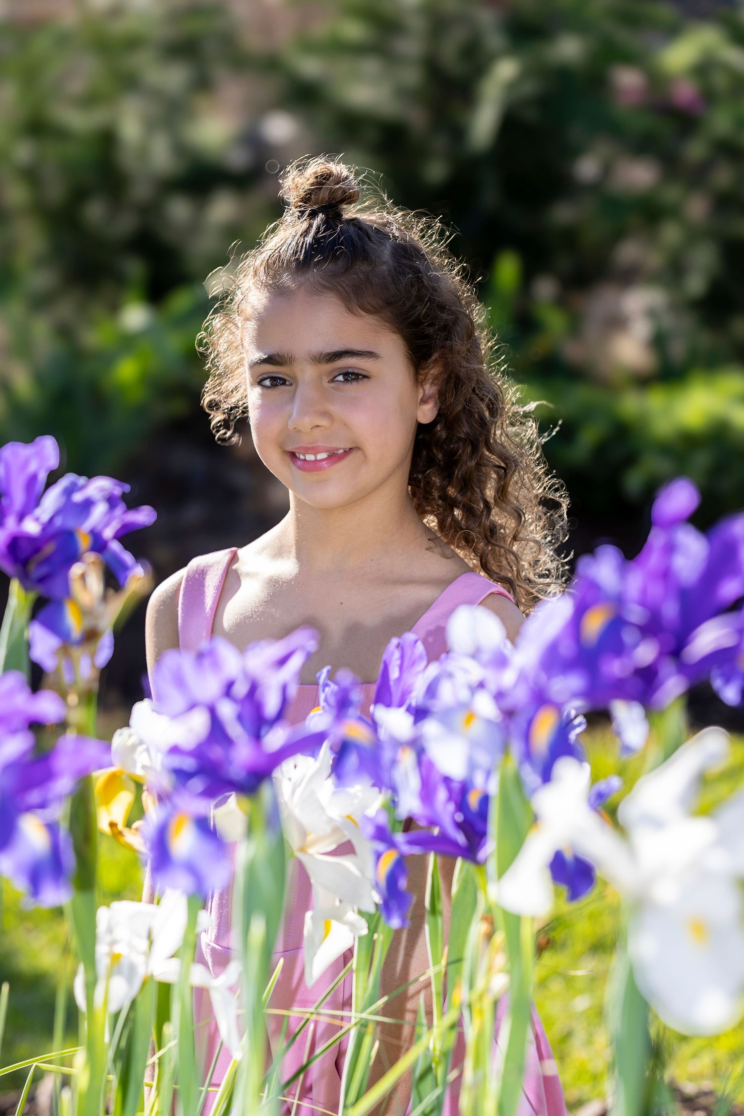 Beautiful spring garden with blooming purple and white iris flowers in bright sunlight.