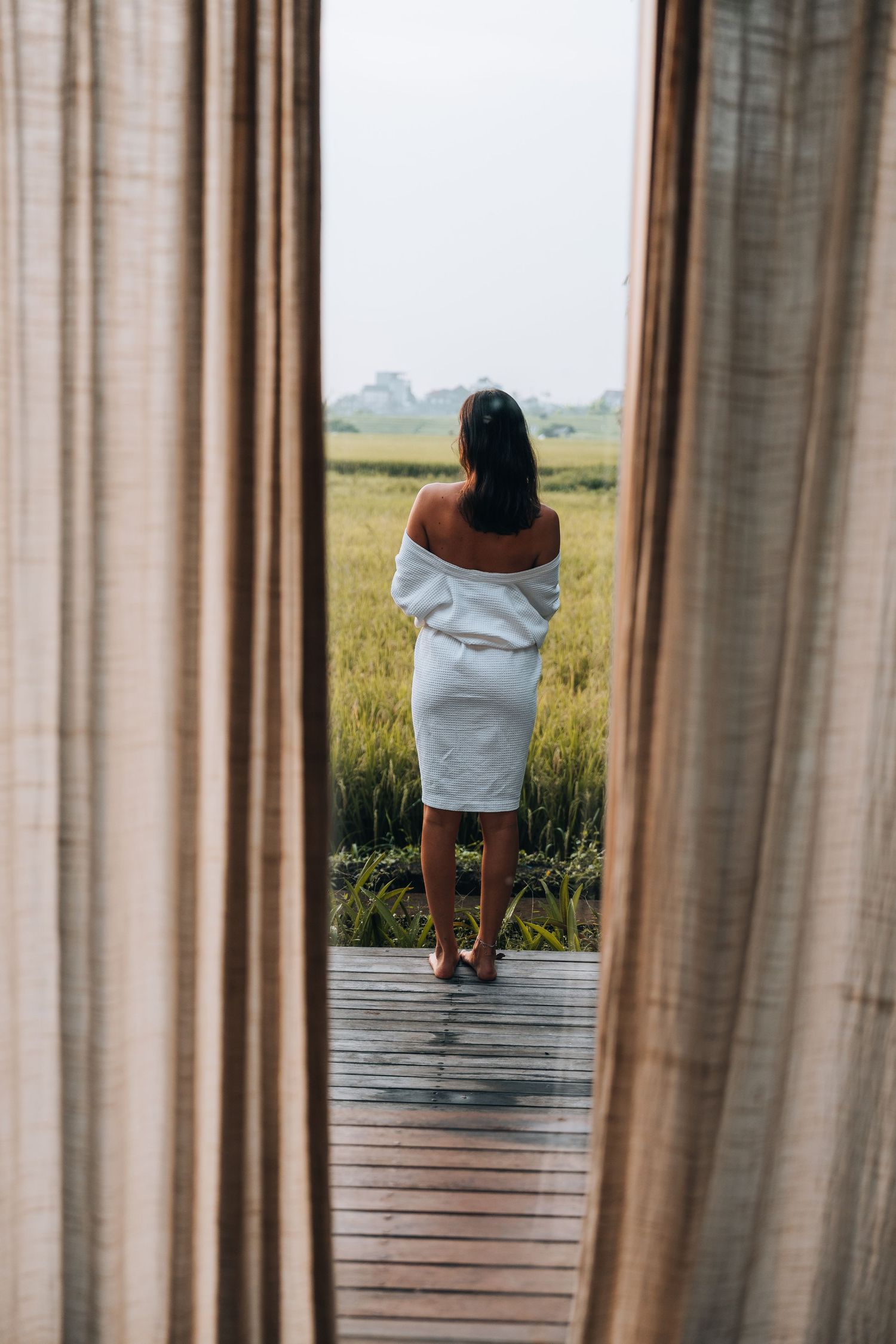 Wooden deck planks over a scenic rice field with white curtains framing the view.