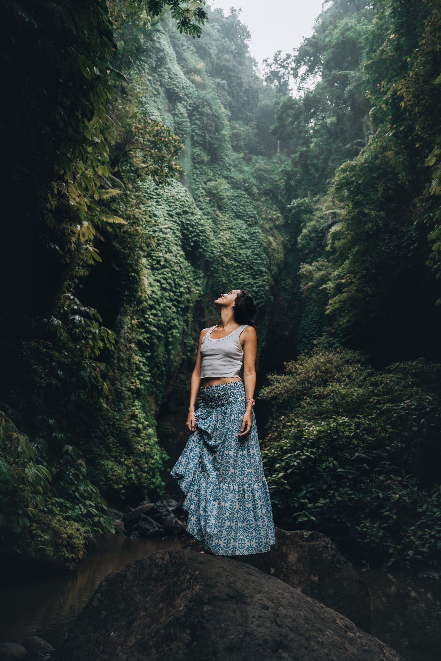 Scenic jungle landscape with person standing on rock overlooking lush forest setting.