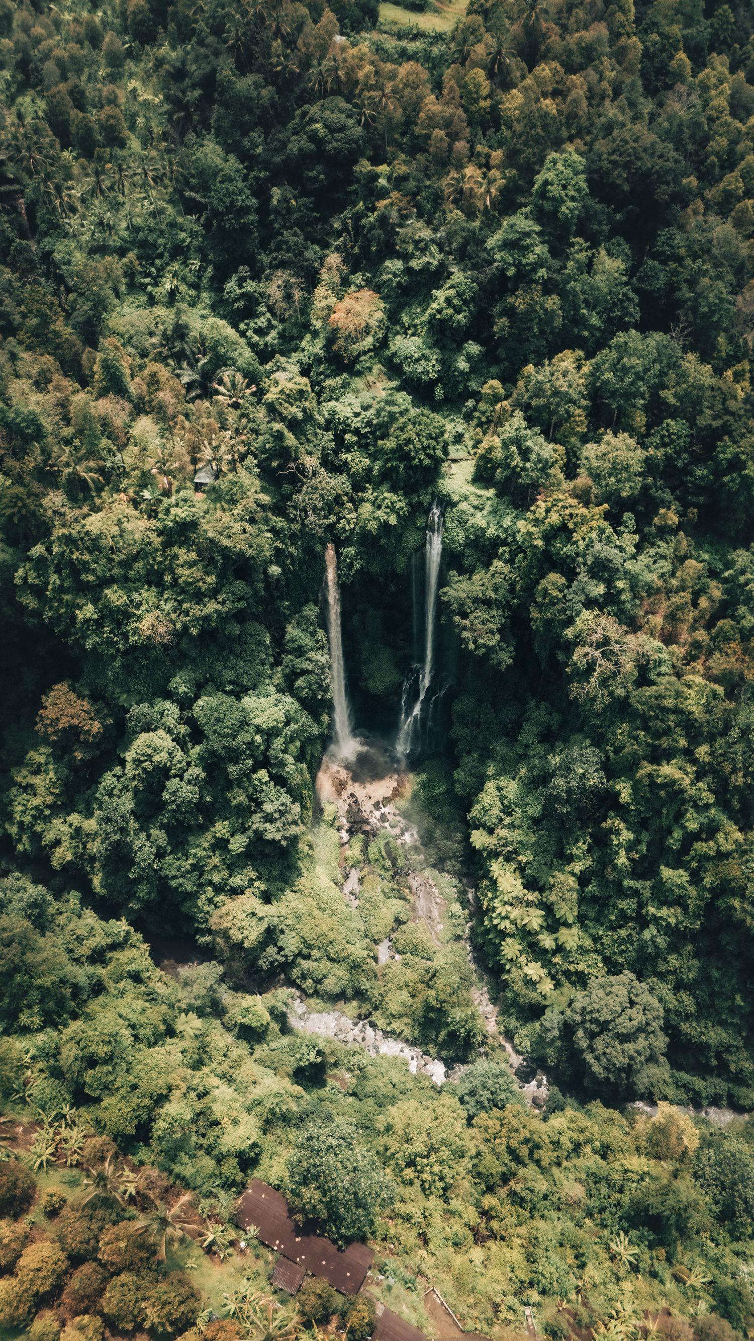Aerial view of a majestic waterfall cascading through lush green tropical forest canopy.