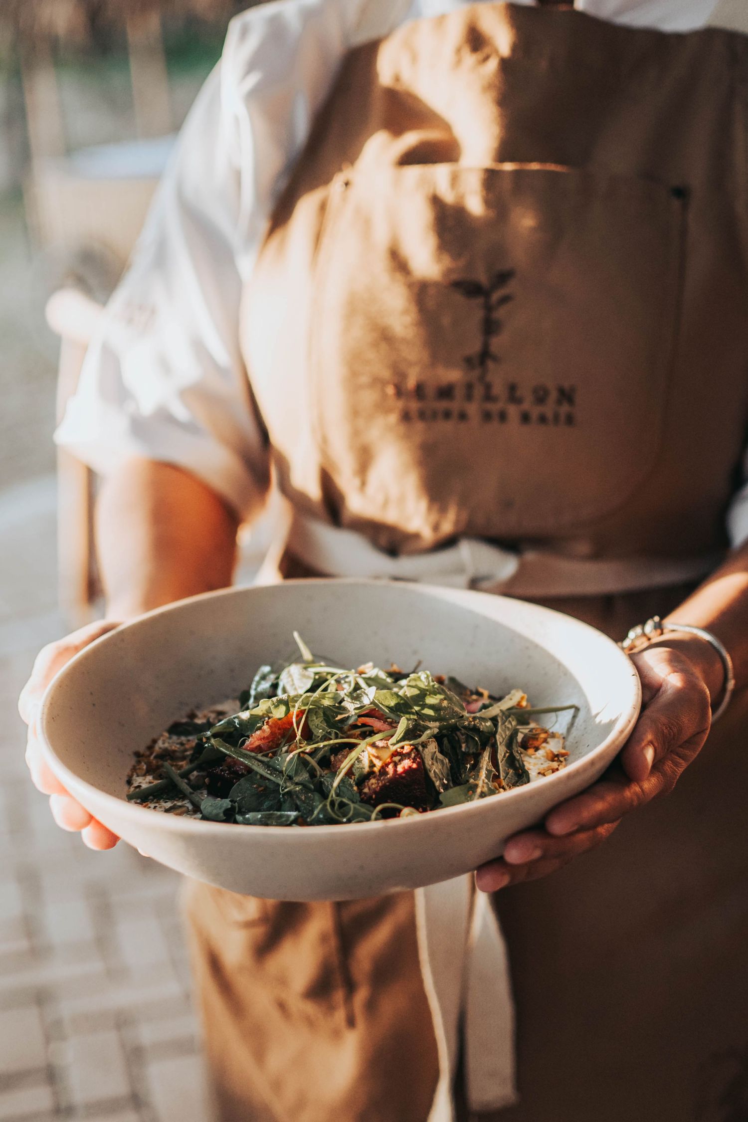 Fresh salad plates being served by hands in white chef uniforms.