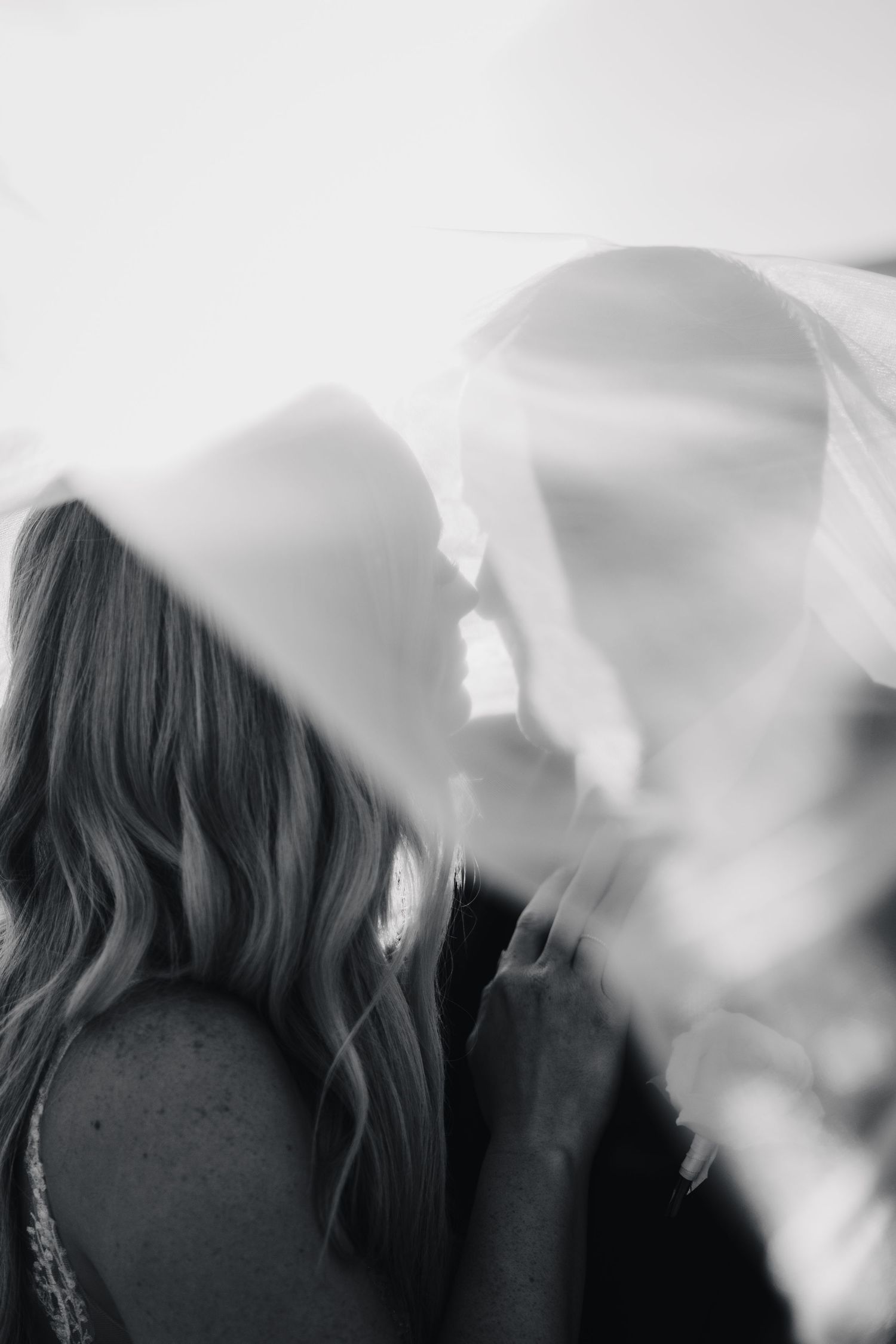 Romantic black and white photo of couple kissing behind a flowing veil.