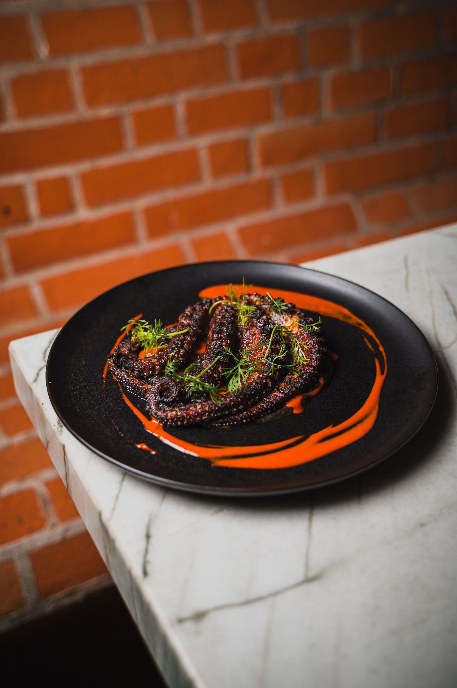 Grilled steak with herbs and sauce served on black plates against a rustic brick wall backdrop.