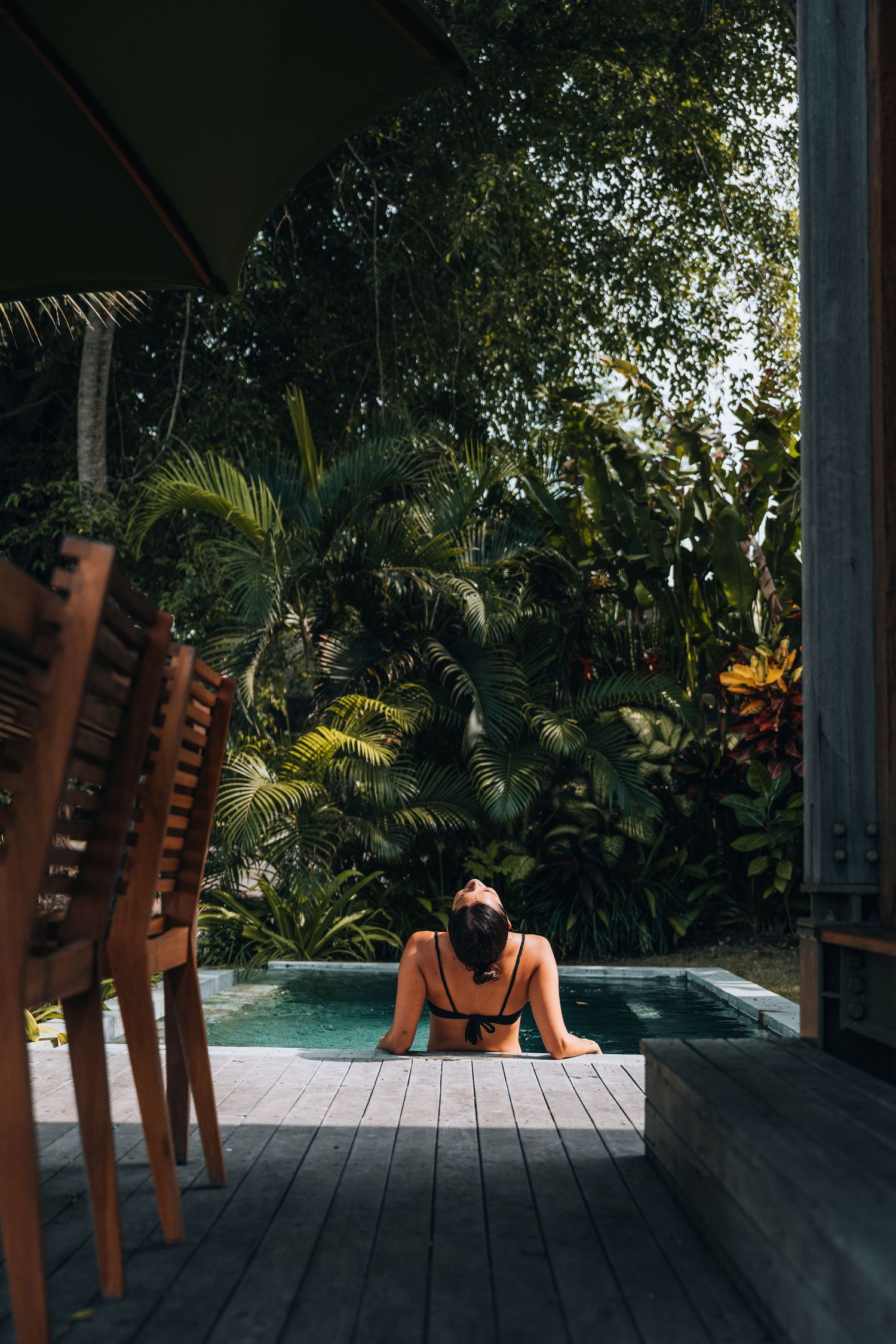 Covered wooden deck surrounded by tropical plants with chairs overlooking a scenic view.