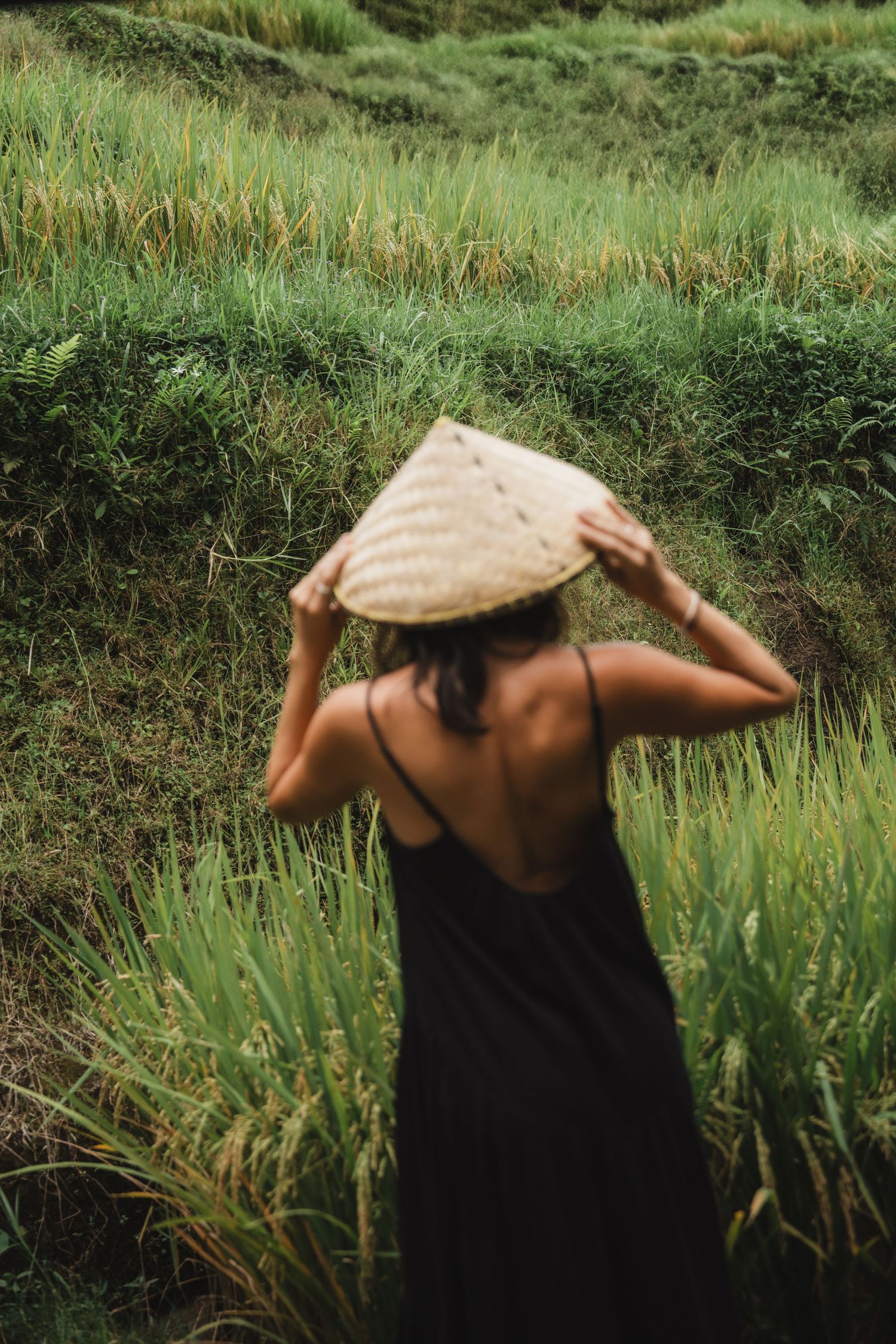 Figure wearing traditional conical hat in lush green rice terraces.