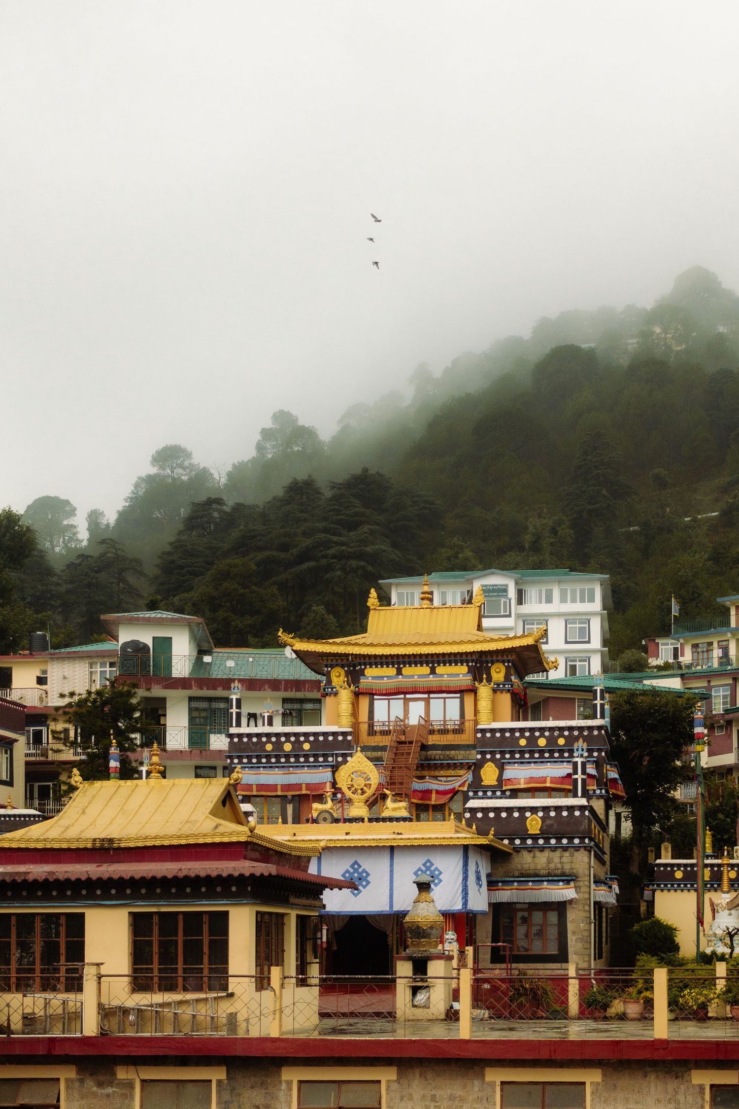 A temple in the cloudy mountains of Dharamsala, India