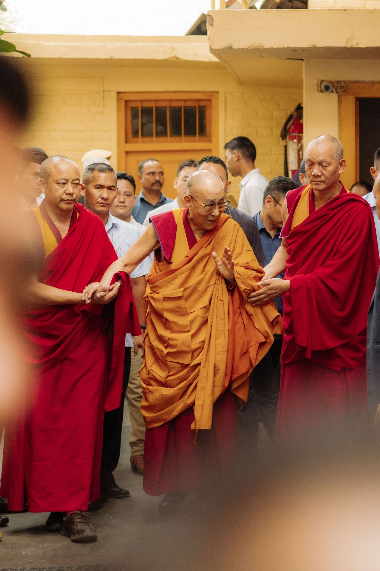 The Dalai Lama is being welcomed in the Temple of his holiness the Dalai Lama for the his 85th birthday